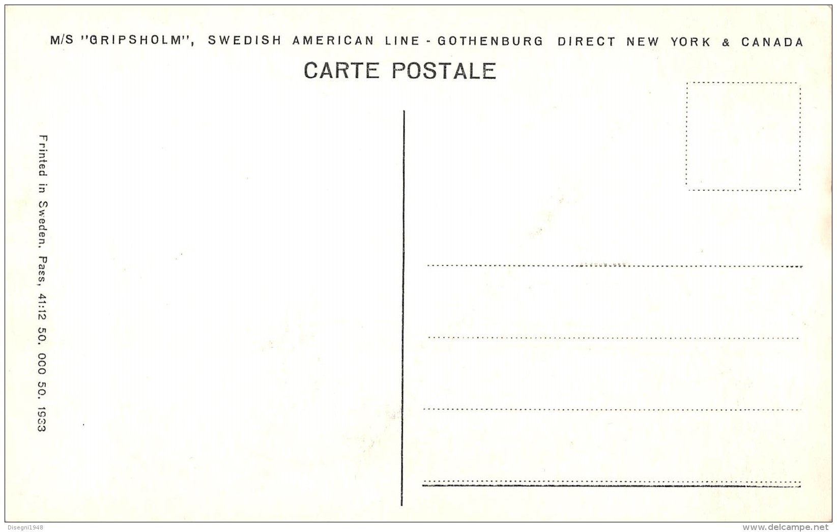 07166 "M/S GRIPSHOLM SWEDISH AMERICAN LINE GOTHENBURG / NEW YORK / CANADA" CART. ORIG. N. SPED. - Piroscafi