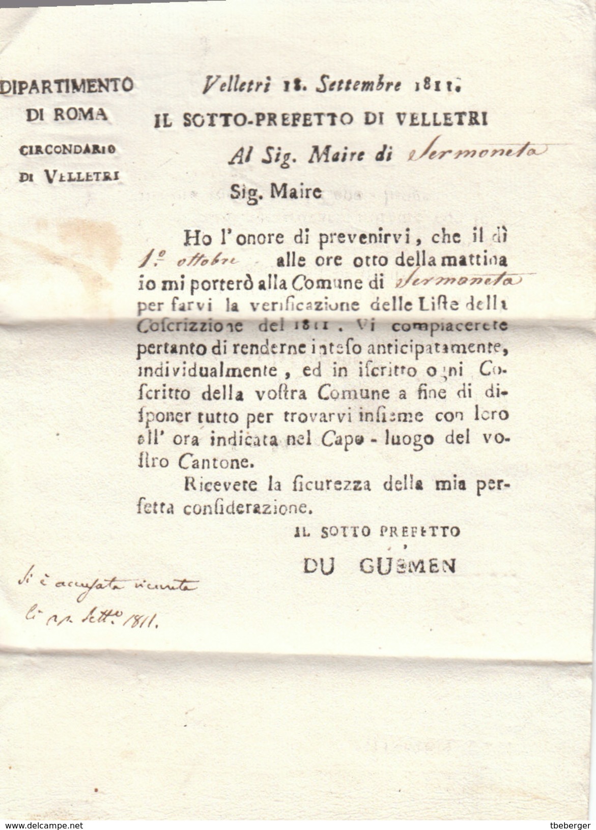 France Italia Dept Conquis Rome Entier 116 VELLETRI Sotto Prefetto Pour Maire Di Sermoneta Latina 1811 (q32) - 1792-1815: Veroverde Departementen