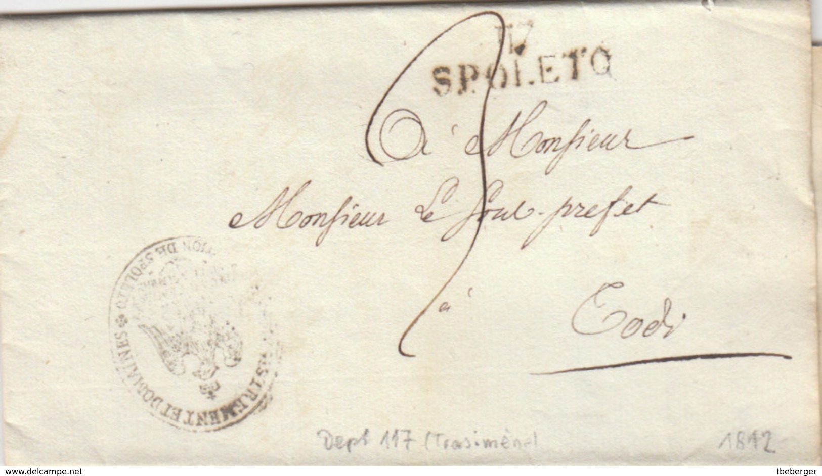 France Italia Dept Conquis Trasimène Entier 117 SPOLETO Pour Sous-prefet De Todi 1812 (q35) - 1792-1815: Dipartimenti Conquistati