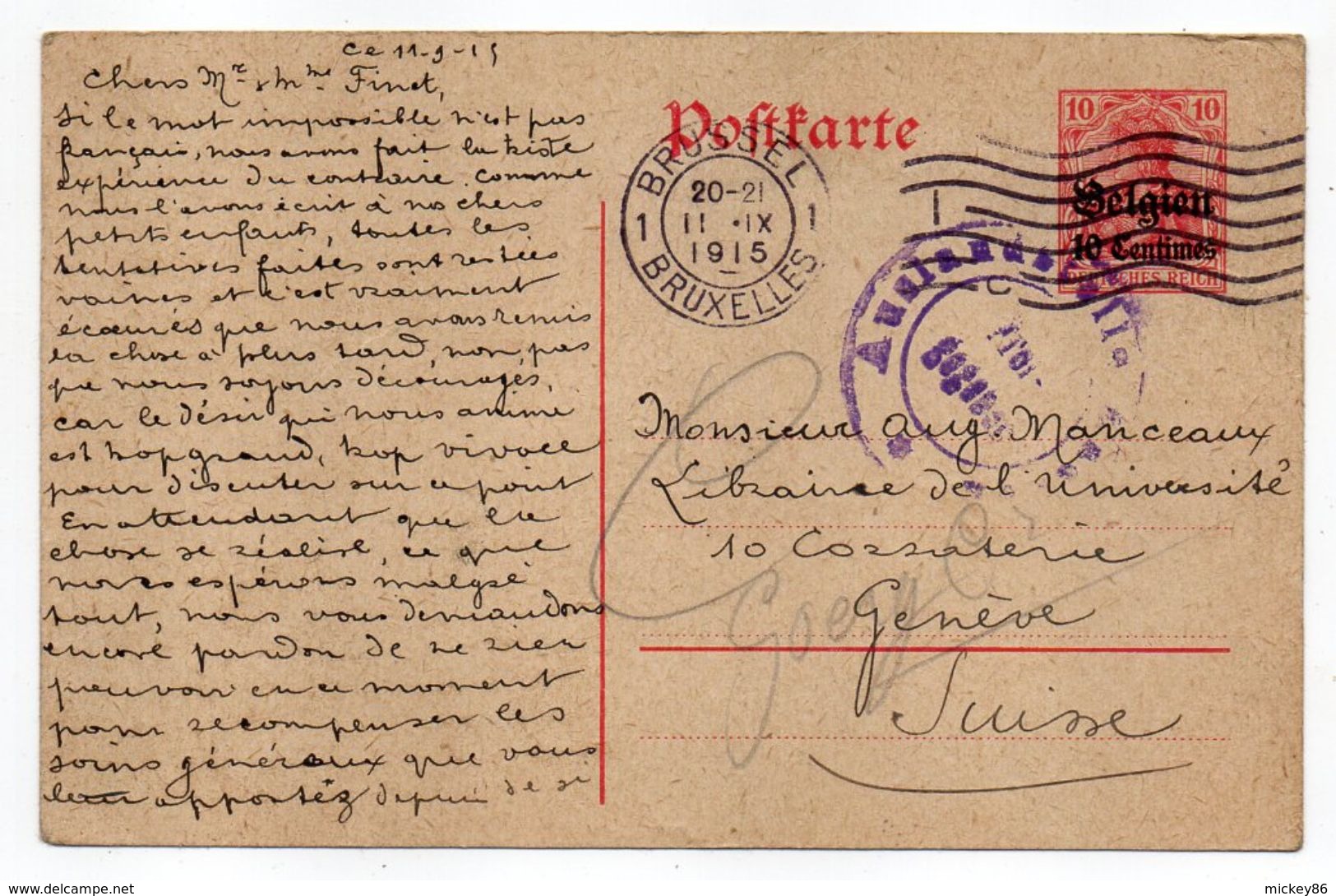 Belgique-1915-entier CP Occupation Allemande-de Bruxelles Pour Genève (Suisse)--cachet Censure.....à Saisir - Briefkaarten 1909-1934