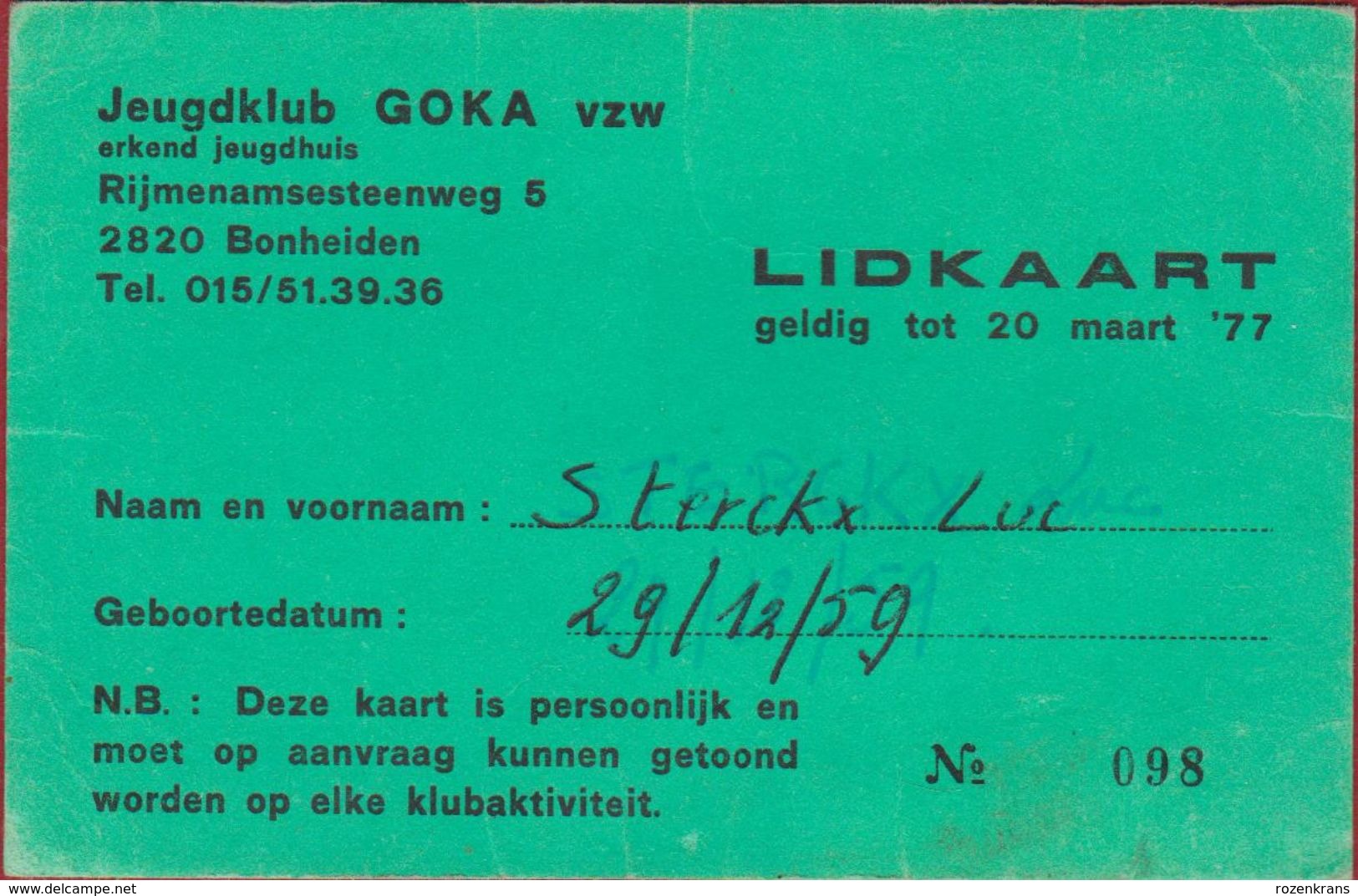 Lidkaart Jeugdklub GOKA Bonheiden 1977 - Tickets D'entrée