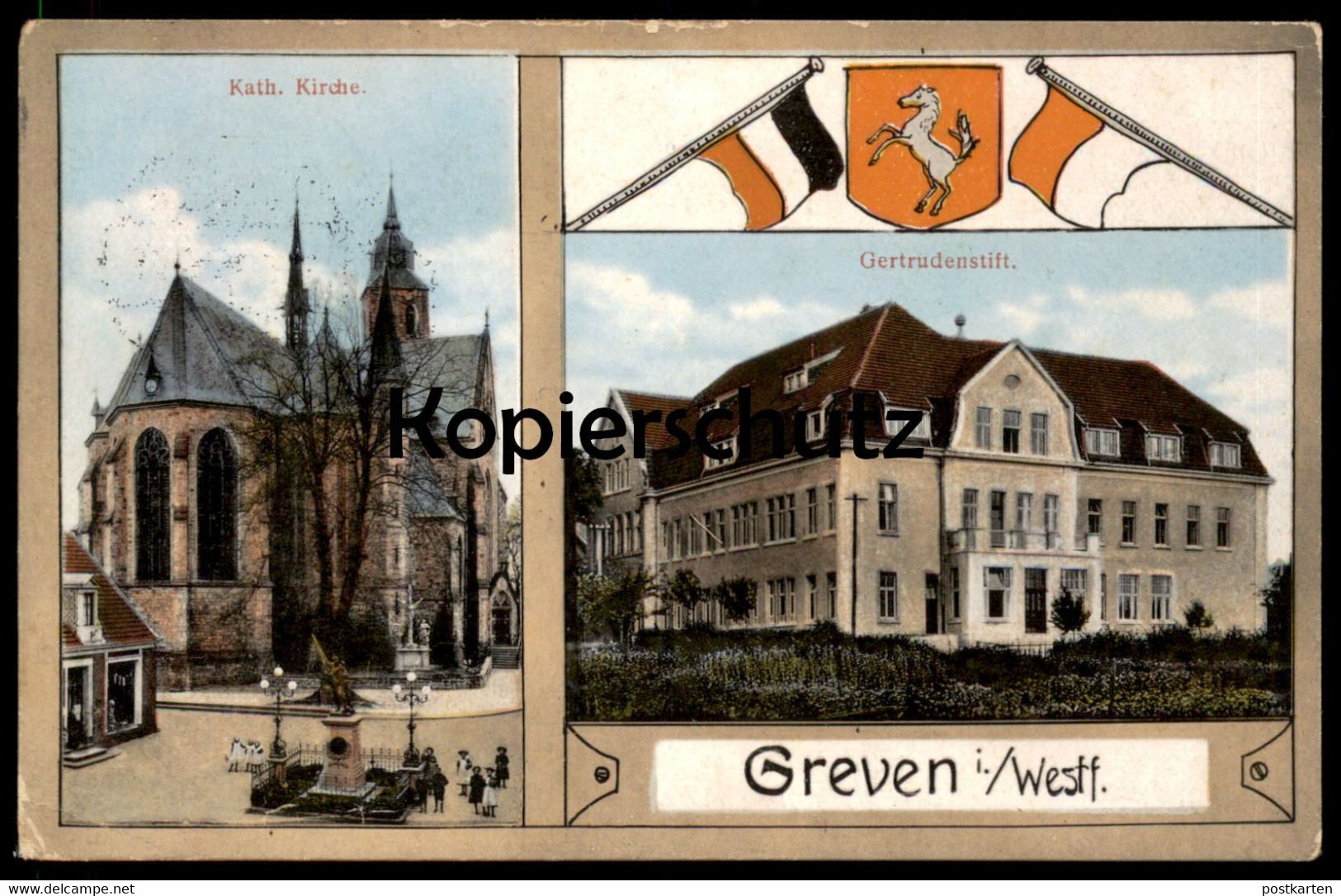 ALTE JUGENDSTIL POSTKARTE GREVEN GERTRUDENSTIFT KATHOLISCHE KIRCHE WAPPEN FLAGGEN Ansichtskarte AK Cpa Postcard - Greven