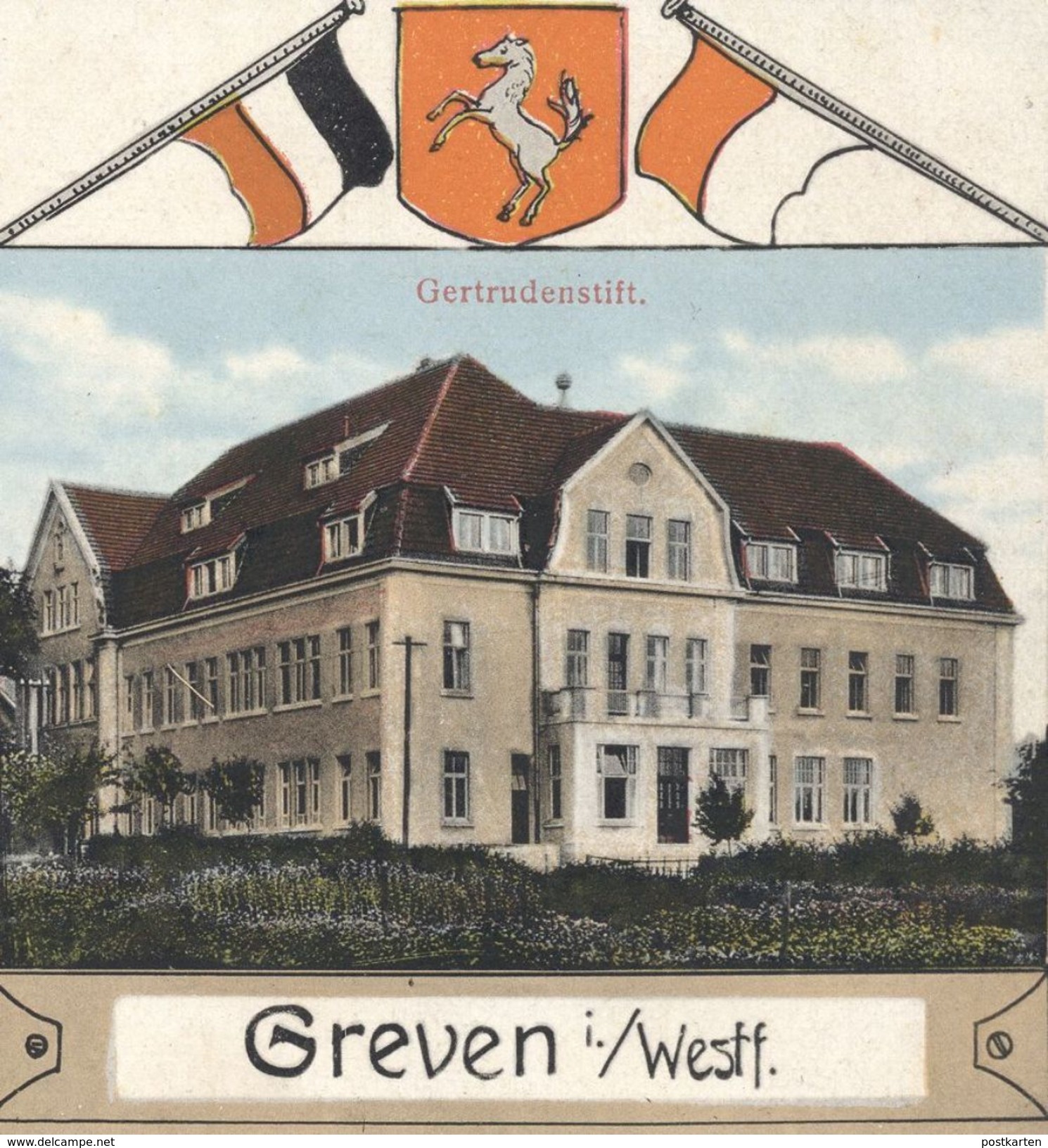 ALTE JUGENDSTIL POSTKARTE GREVEN GERTRUDENSTIFT KATHOLISCHE KIRCHE WAPPEN FLAGGEN Ansichtskarte AK Cpa Postcard - Greven