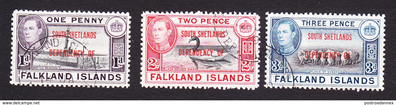 Falkland Islands, South Shetlands, Scott #5L2-5L4, Used, Ship Overprinted, Issued 1944 - Falkland