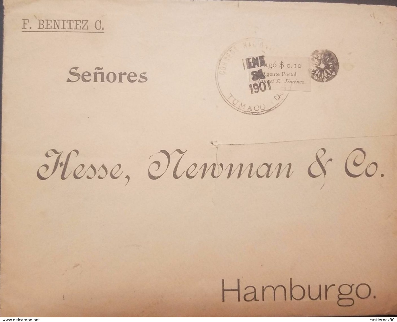 L) 1901 COLOMBIA, TUMACO, BEARING 10C FROM THE POSTAL AGENT MANUEL E. JIMENEZ FROM TUMACO TO HAMBURG IN GERMANY, XF - Colombie