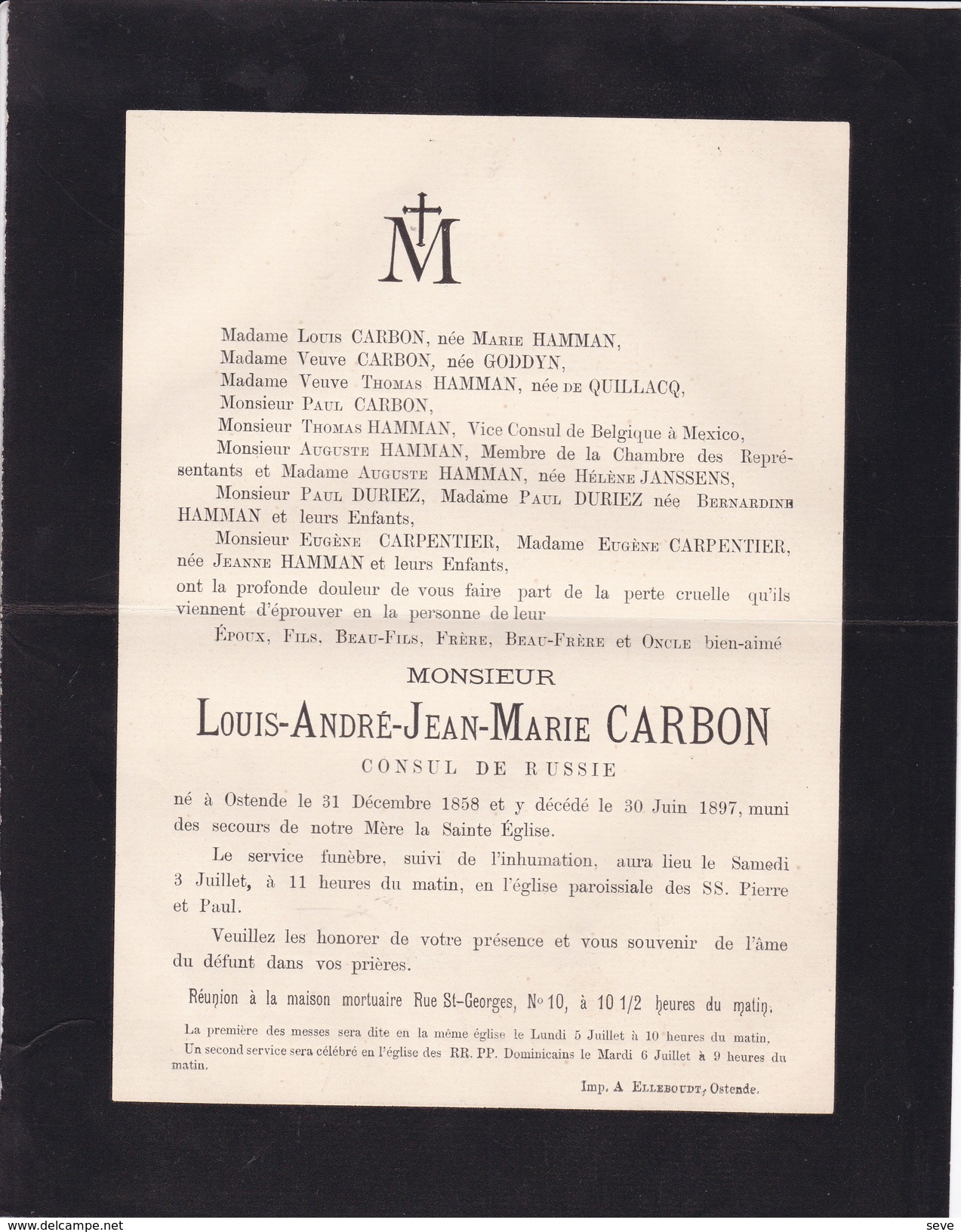 OOSTENDE OSTENDE Louis CARBON époux HAMMAN 1858-1897 Consul De Russie Famille De QUILLACQ CARPENTIER - Obituary Notices