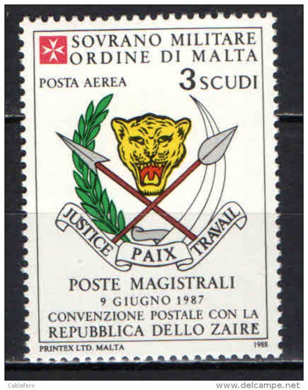 SMOM - 1988 - CONVENZIONE POSTALE CON LA REPUBBLICA DELLO ZAIRE - NUOVO MNH - Sovrano Militare Ordine Di Malta