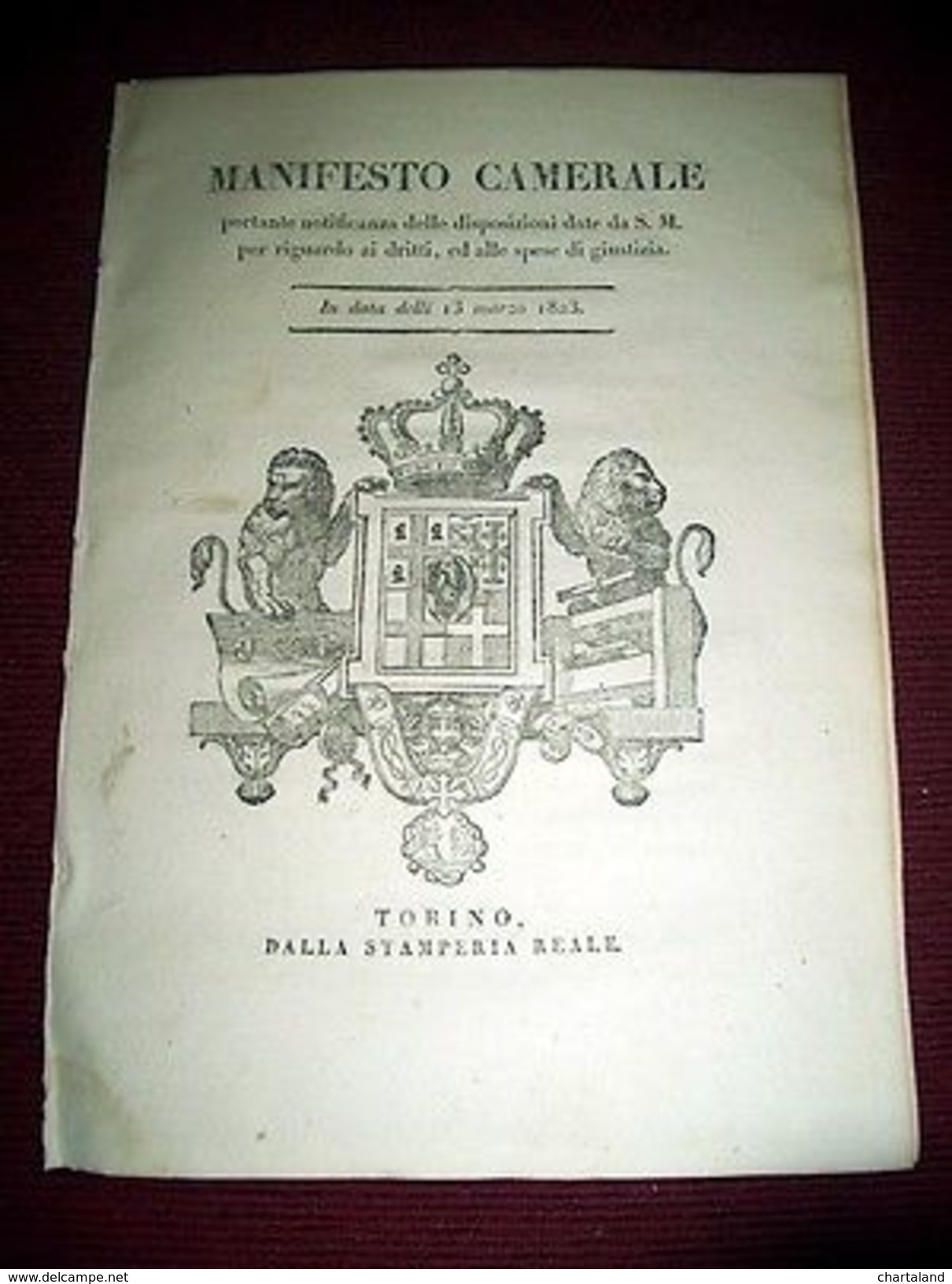 Regno Sardegna Savoia Torino Manifesto Camerale Dritti E Spese Di Giustizia 1823 - Non Classificati