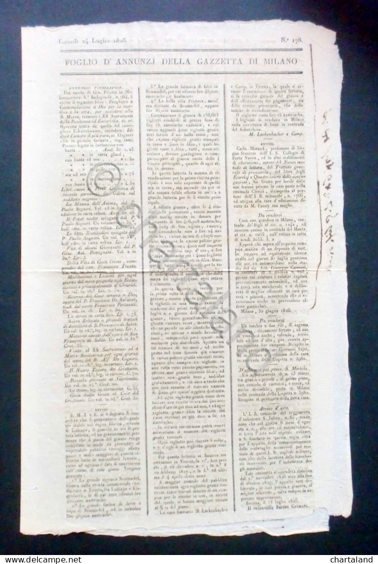 Storia Locale - Foglio Annunci Della Gazzetta Di Milano - N° 178 - Luglio 1826 - Non Classificati