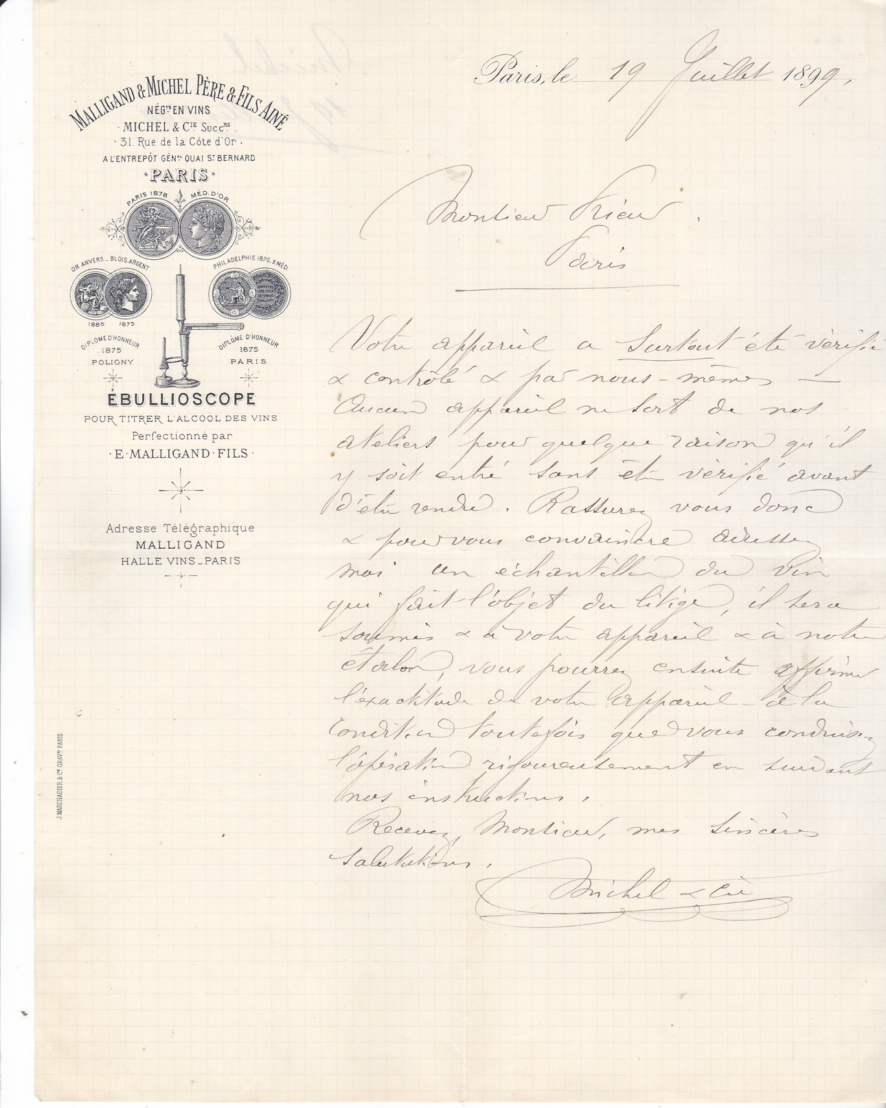 75 Paris - 1899. Malligand & Michel P&Fils,negt En Vins,31 Rue De La Côte D'or,Lettre Illustrée De 1899. Tb état. - 1800 – 1899