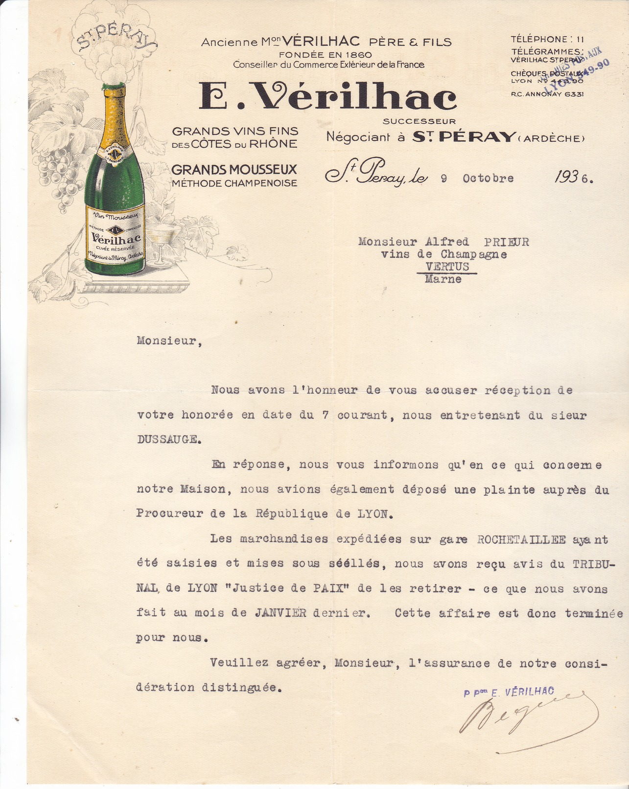 09 Saint Péray. E Vérilhac,grands Mousseux, Lettre Illustrée De 1936, Tb état. - 1900 – 1949