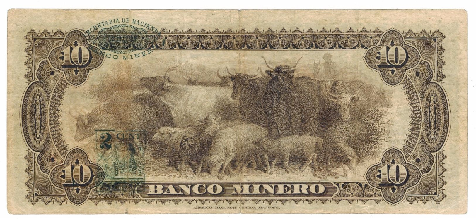 Mexico, Banco Minero, 10 Pesos 1914, F/VF, Rare Large Note. - Mexique