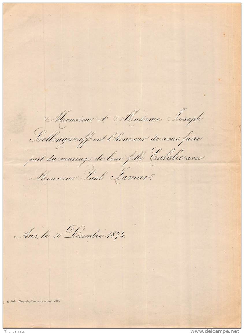 FAIRE PART MARIAGE  JOSEPH STELLINGWERFF EULALIE PAUL LAMAR ANS 1874 - Mariage