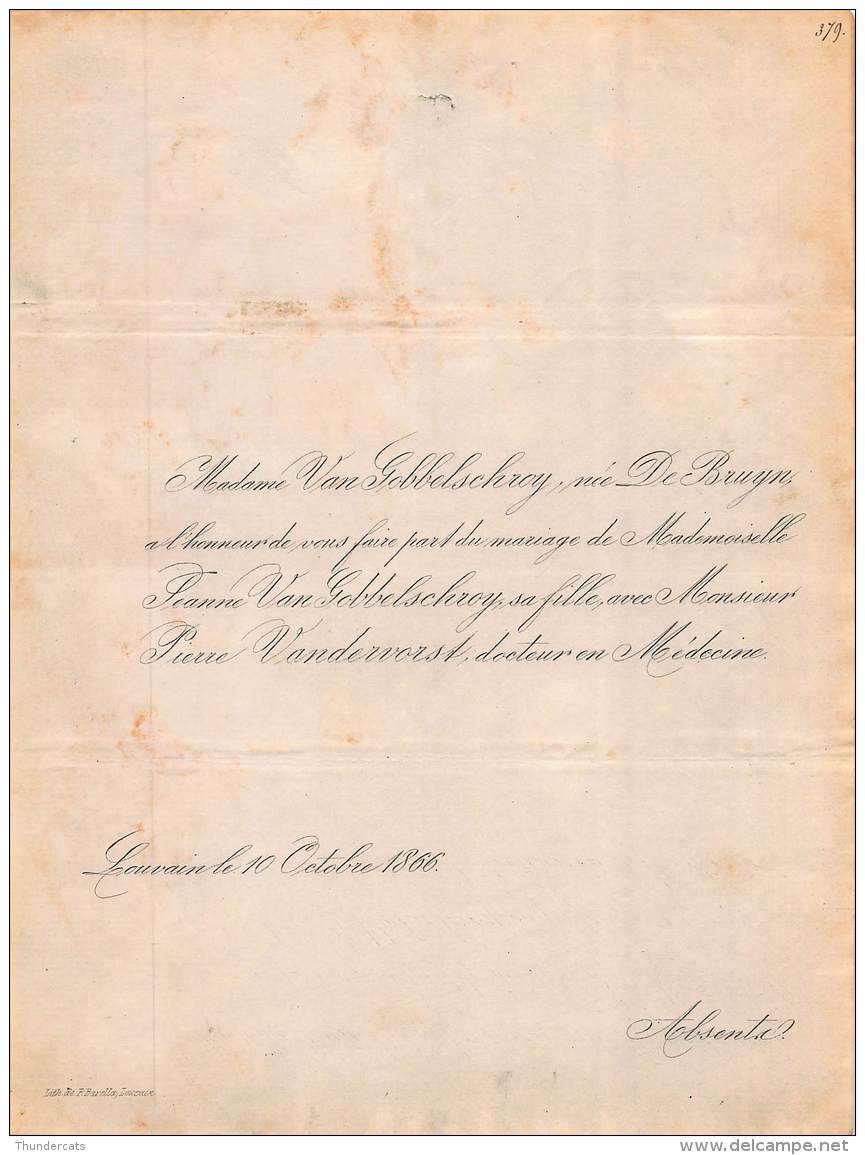 FAIRE PART MARIAGE  VAN GOBBELSCHROY DE BRUYN JEANNE PIERRE VANDERVORST DOCTEUR LOUVAIN 1866 - Mariage