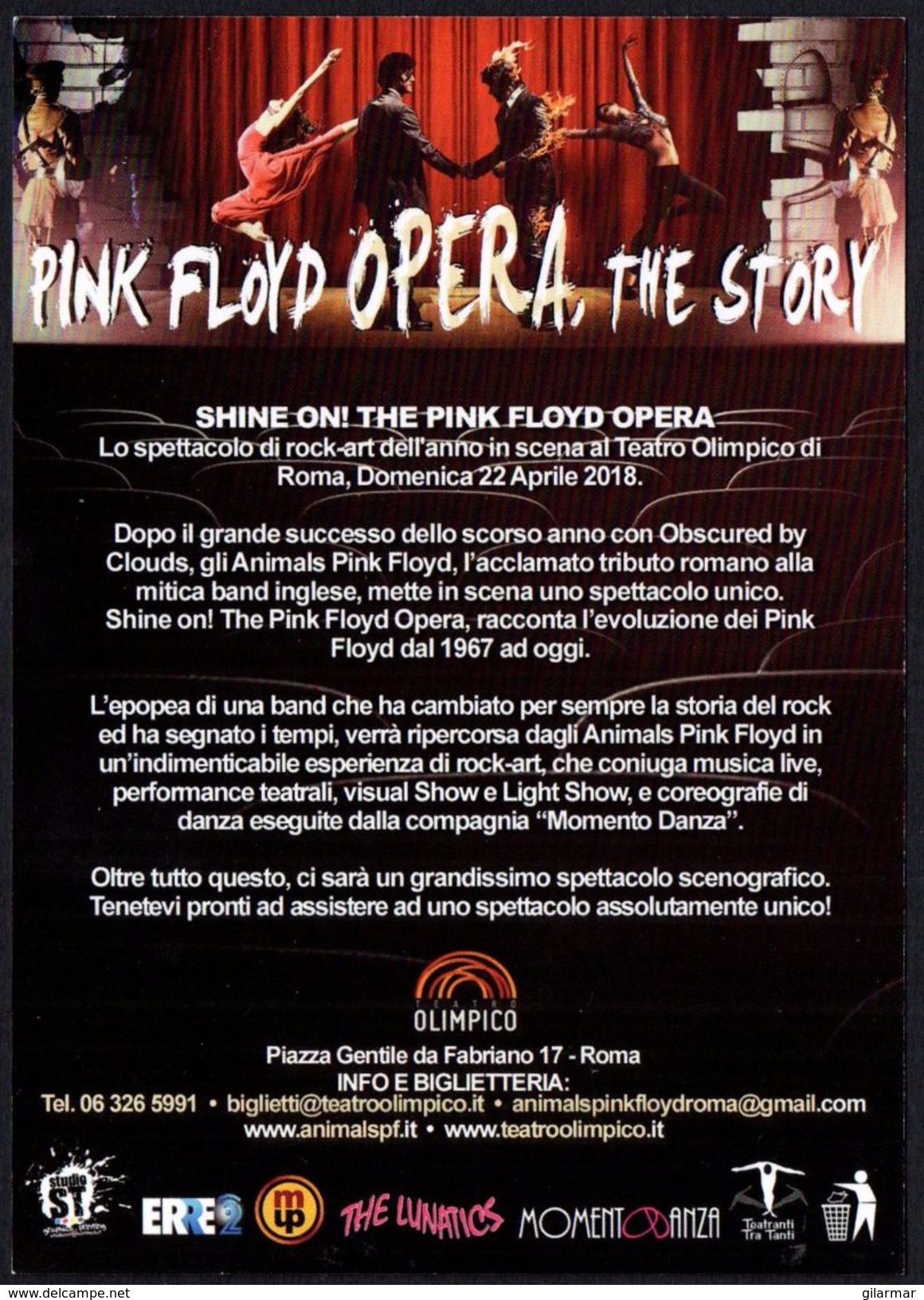 MUSIC - ITALIA 2017 - ROMA: TEATRO OLIMPICO -  ANIMALS PINK FLOYD - SHINE ON! - PINK FLOYD OPERA, THE STORY - PROMOCARD - Musique Et Musiciens