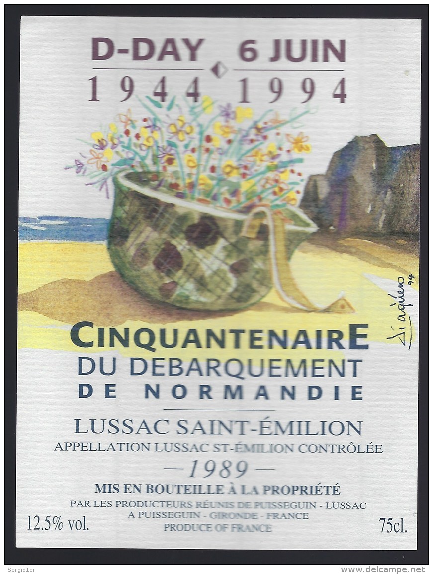 Etiquette Vin  Lussac St Emilion 1989 D Day 6 Juin 1944-1994 Cinquantenaire Du Débarquement De Normandie - Bordeaux