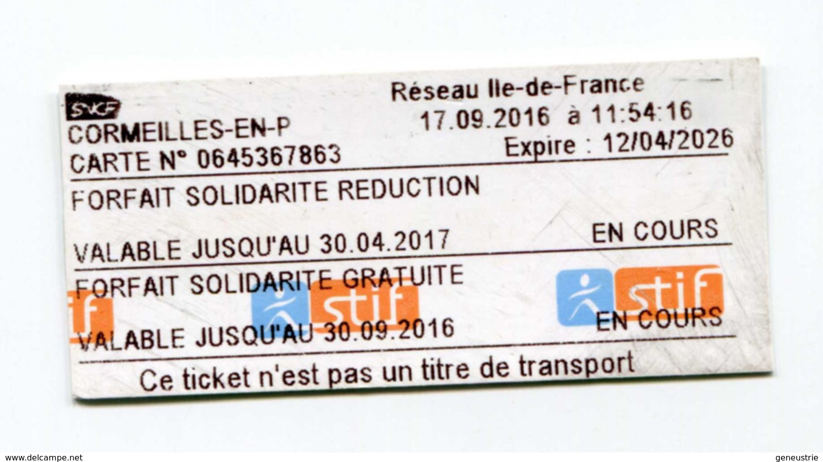 Ticket De Train Cormeilles-en-Parisis "Forfait Solidarité Réduction" Billet De Transport - Transportation - Europa