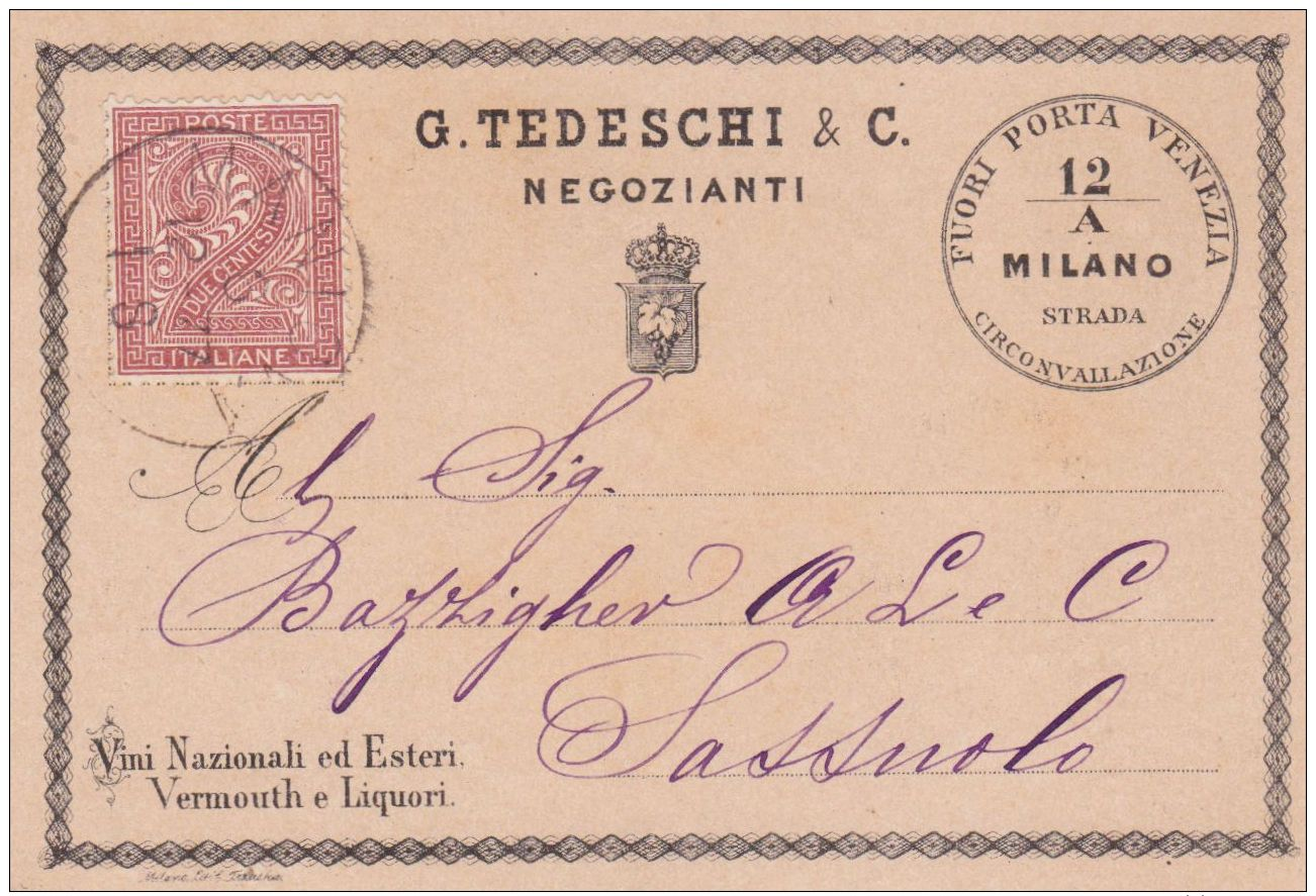 1877 MILANO G. Tedeschi &amp; C. Negozianti Intestazione A Stampa Su Cartolina Milano (6.12) Affr Cifra C.2 - Poststempel