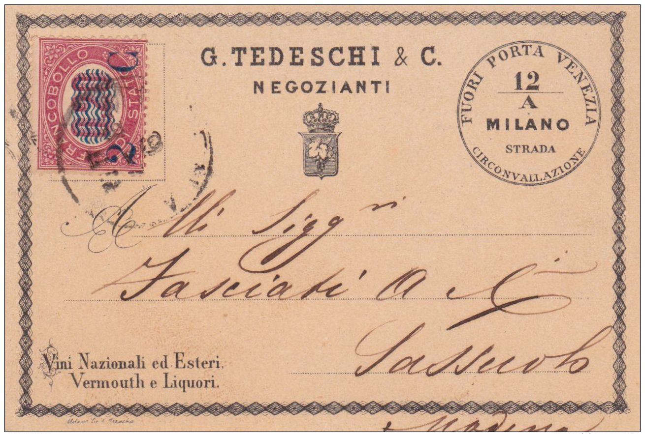 1880 MILANO G. Tedeschi &amp; C. Negozianti Intestazione A Stampa Su Cartolina Affr Fr.lli Servizio Sopr C.2/0,20 - Poststempel