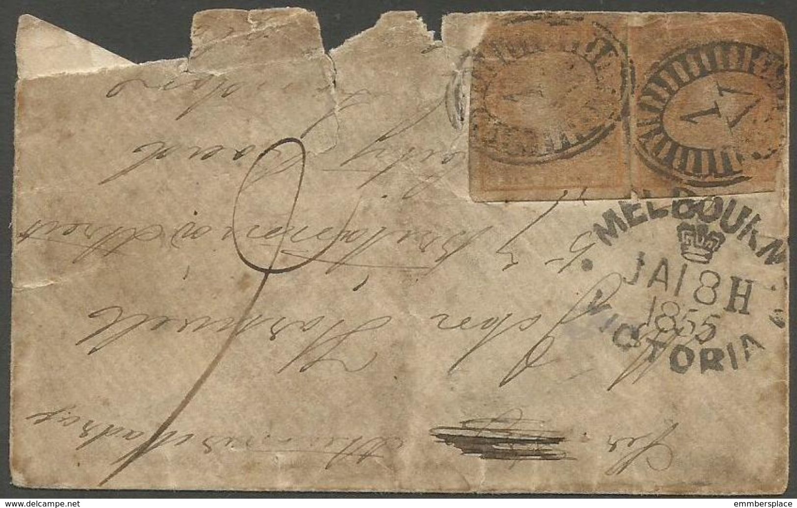 Victoria - 1855 Very Tatty Cover From Melbourne With Clear Cancels Abd 2 X 6d SG 32 Tied - Covers & Documents