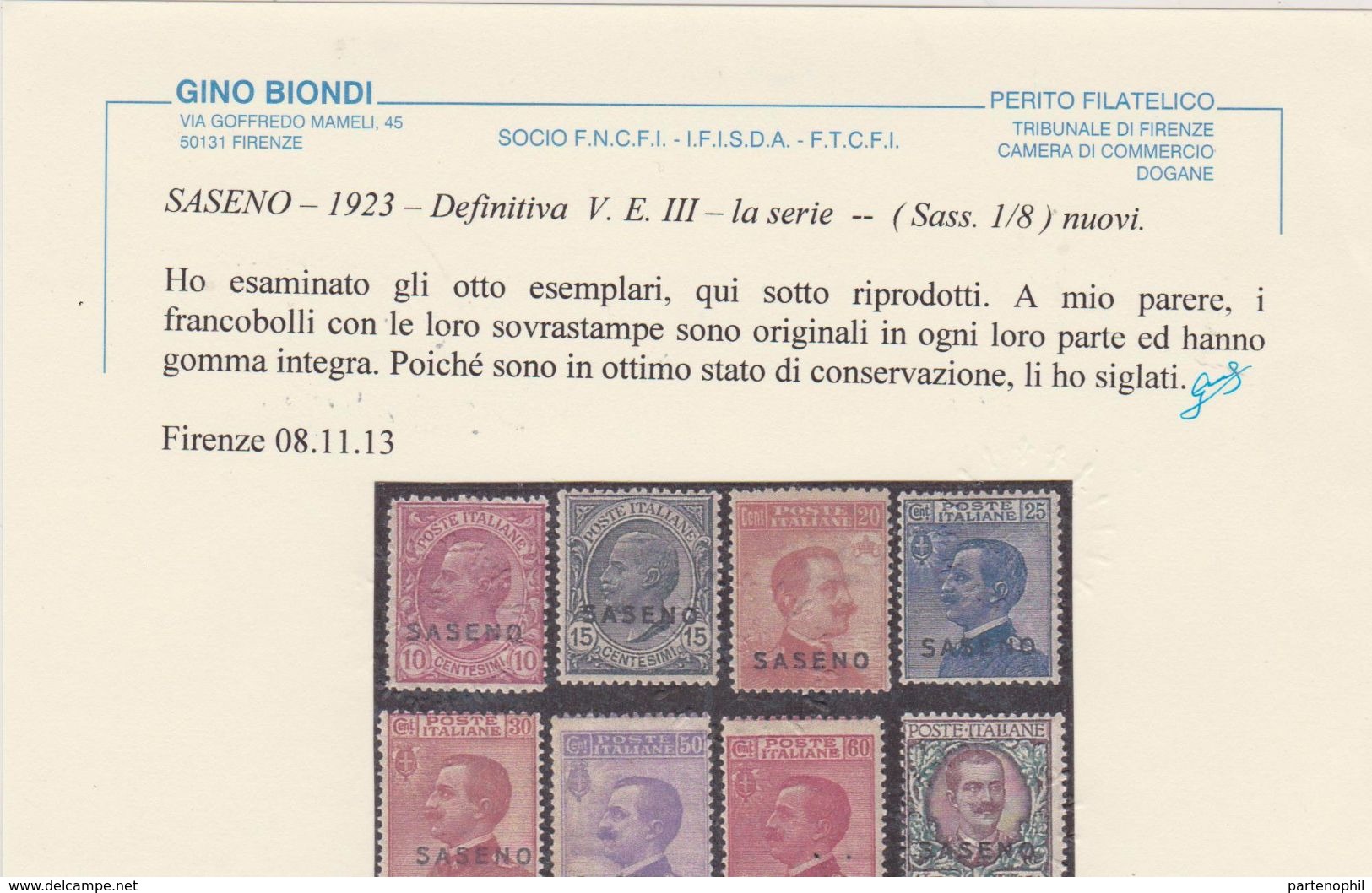 Saseno 1923 – F.lli D’Italia Soprastampati “Saseno” ( N. 1/8 )**. Cert. Biondi Cat. € 1250,00. - Saseno