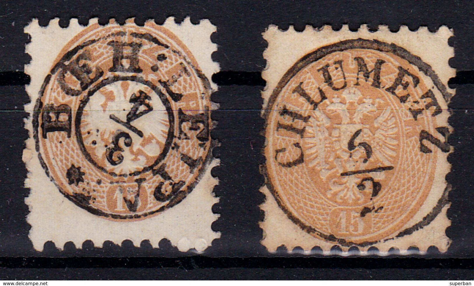 AUSTRIA / ÖSTERREICH - 1863/1864 - 15 Kr (Mi. 34) : 2 TIMBRES / BATCH Of 2 STAMPS - CANCELLATIONS In CZECH REP. (ab175) - Gebruikt