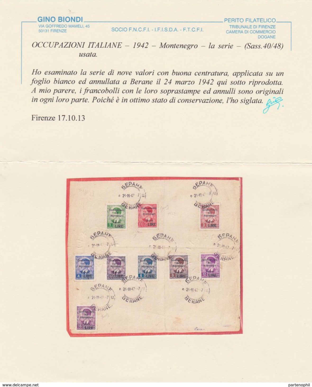 Montenegro 1942 – Ampio Frammento Affrancato Con La Serie Montenegro ( N. 40/48 ). Cert. Biondi. Cat. € 750,00. - Montenegro