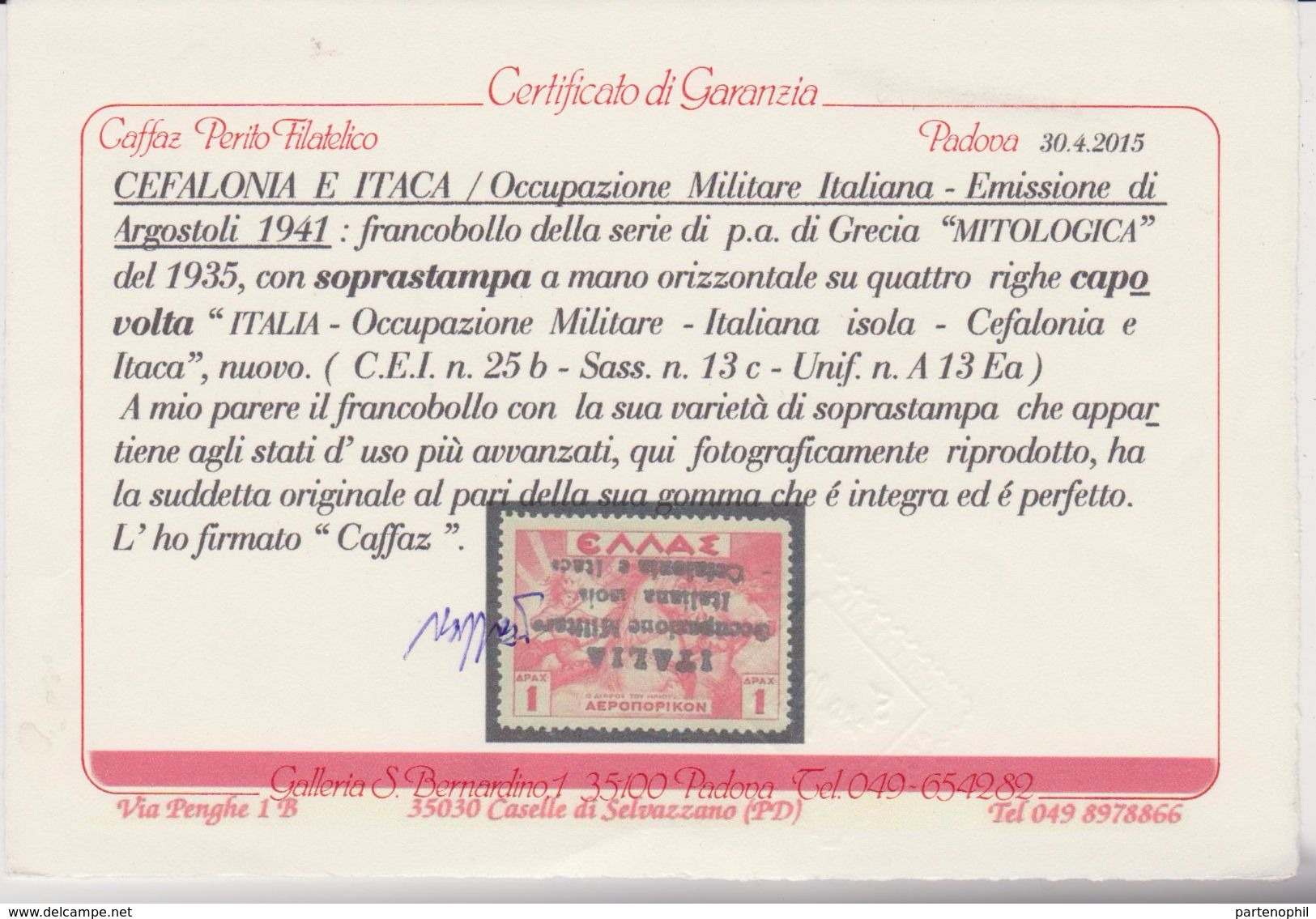 Cefalonia Ed Itaca 1941 Occ. Militare Italiana – Emissione Di Argostoli – 1d. Rosso Mitologia Soprastampato ( N. 13c ). - Cefalonia & Itaca