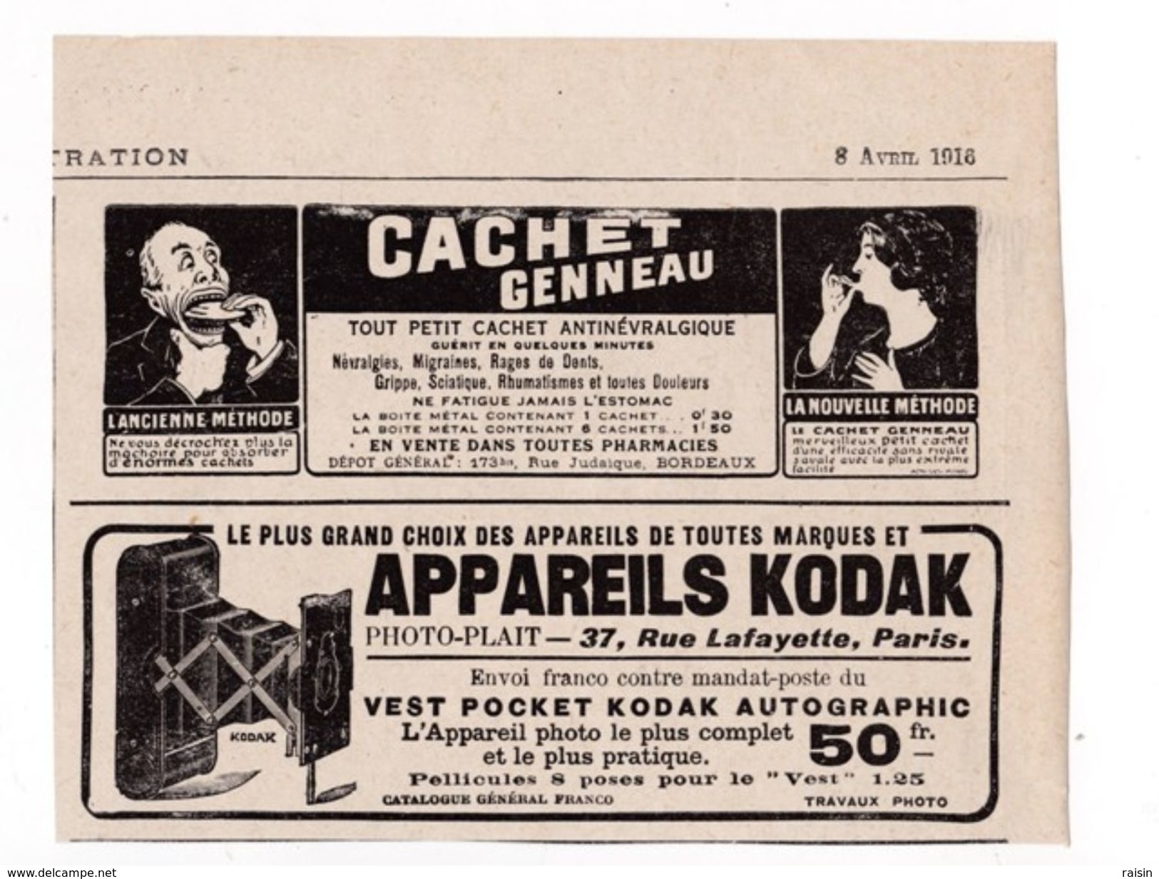 Pub.1916 Cachet Genneau Antinévralgique " Ancienne Et Nouvelle Méthode "  Kodak Appareils Photo-Plait  TBE - Publicités