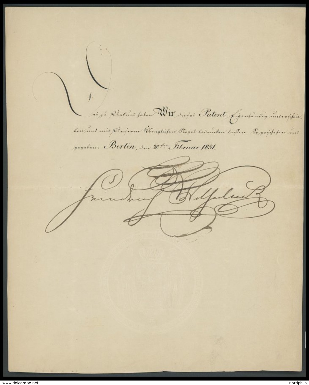 PREUSSEN 1851, Urkunde Mit Original Unterschrift Friedrich Wilhelm R Und Königlichem Trockensiegel, Pracht - Sonstige & Ohne Zuordnung