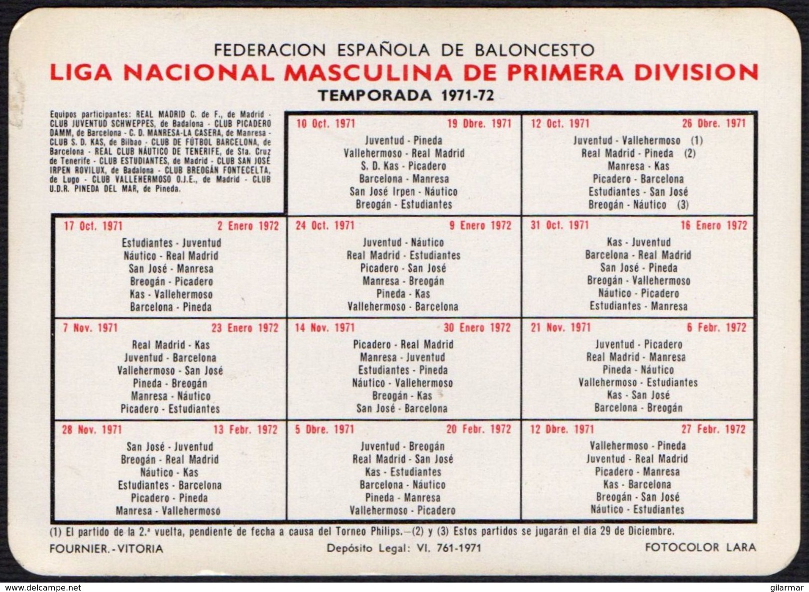 BASKETBALL - ESPANA - SELECCION ESPANOLA BALONCESTO - XVII CAMPEONATOS DE EUROPA - ESSEN 1971 - SMALL CALENDAR - Klein Formaat: 1971-80