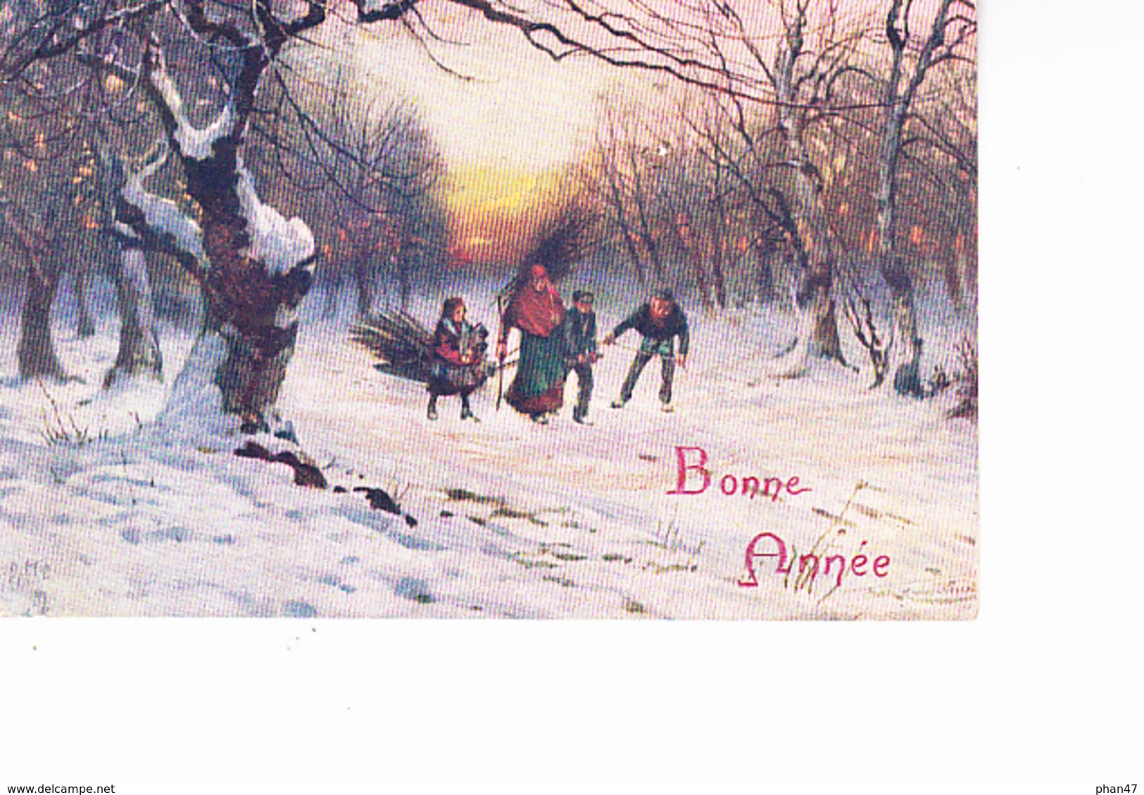 BONNE ANNEE,  Famille Ramenant Des Fagots De La Forêt Enneigée, Wonderful White Winter, Carte Signée, Ed. Ollette 1920 - Nouvel An