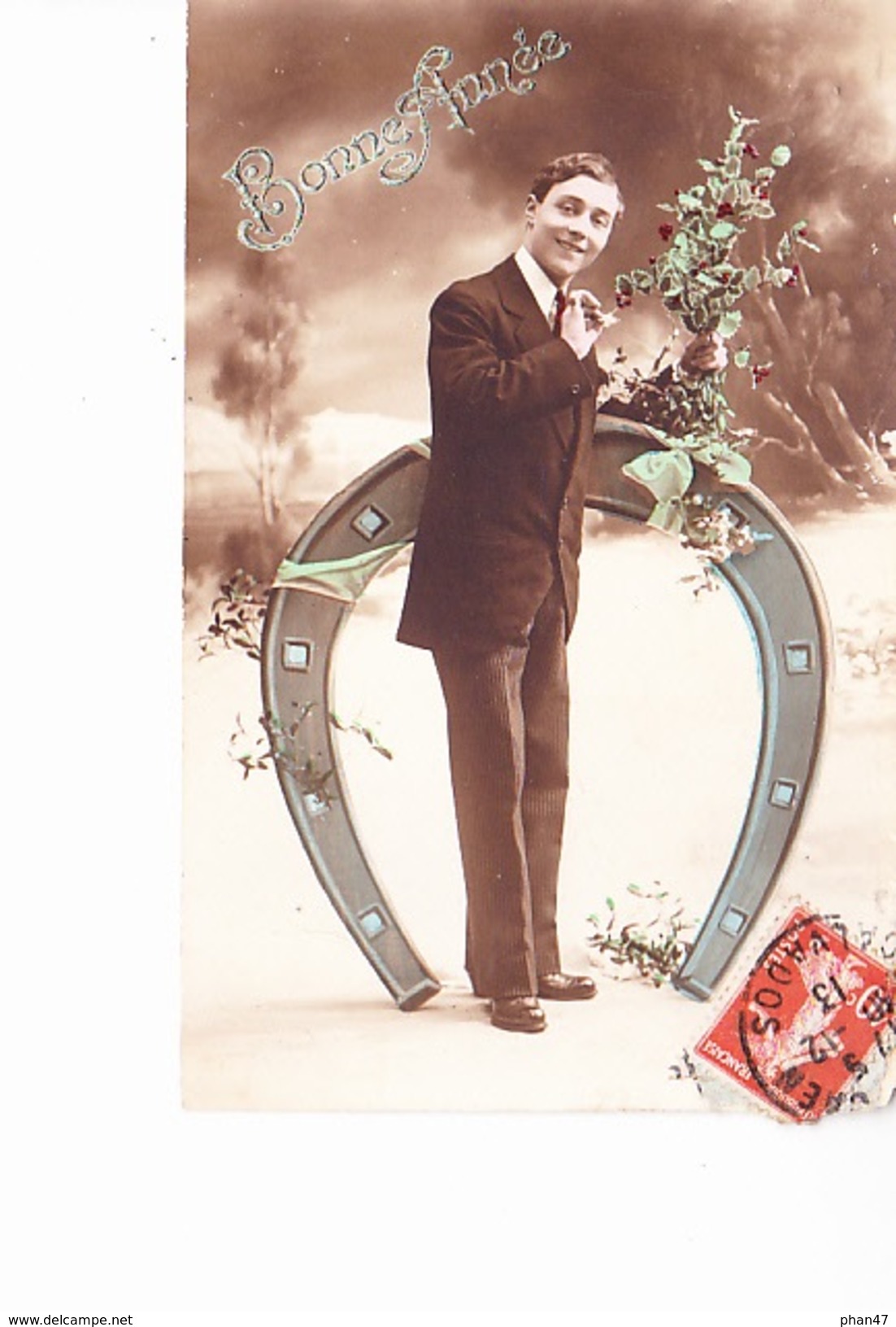 BONNE ANNEE, Fer à Cheval Et Jeune Garçon Aux Fleurs, Ed. ? 1913 - New Year