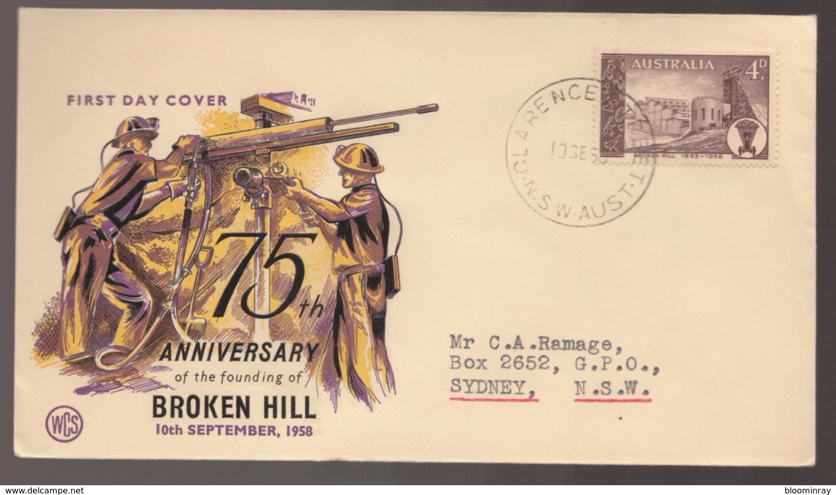 1958 Australia Anniversary Founding Of Broken Hill Gold Mine Head  WCS FDC Addressed But Unsealed - Premiers Jours (FDC)
