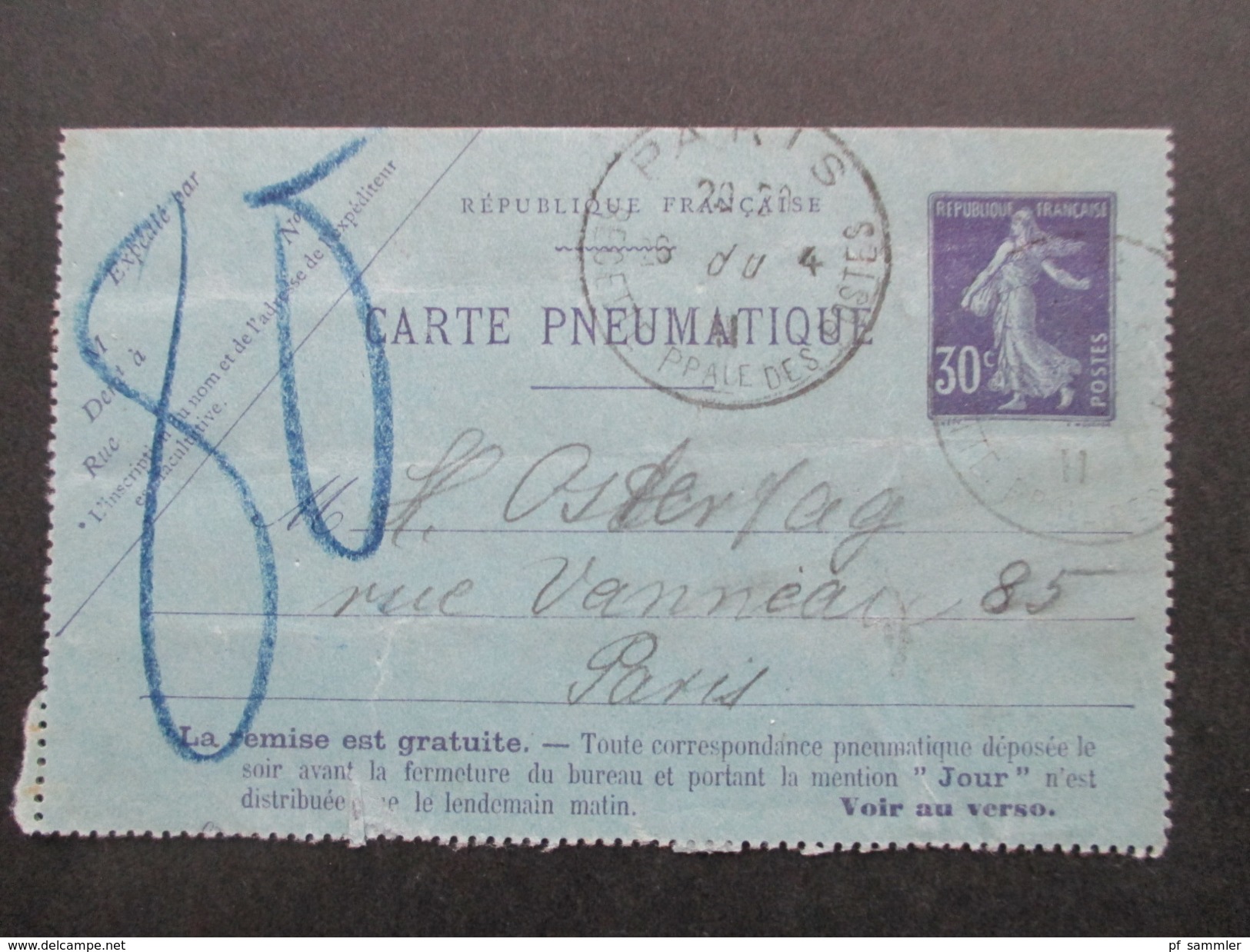 Frankreich 1911 Rohrpost Kartenbrief / Carte Pneumatique Paris R. Dupi Mit 3 Stempeln - Covers & Documents