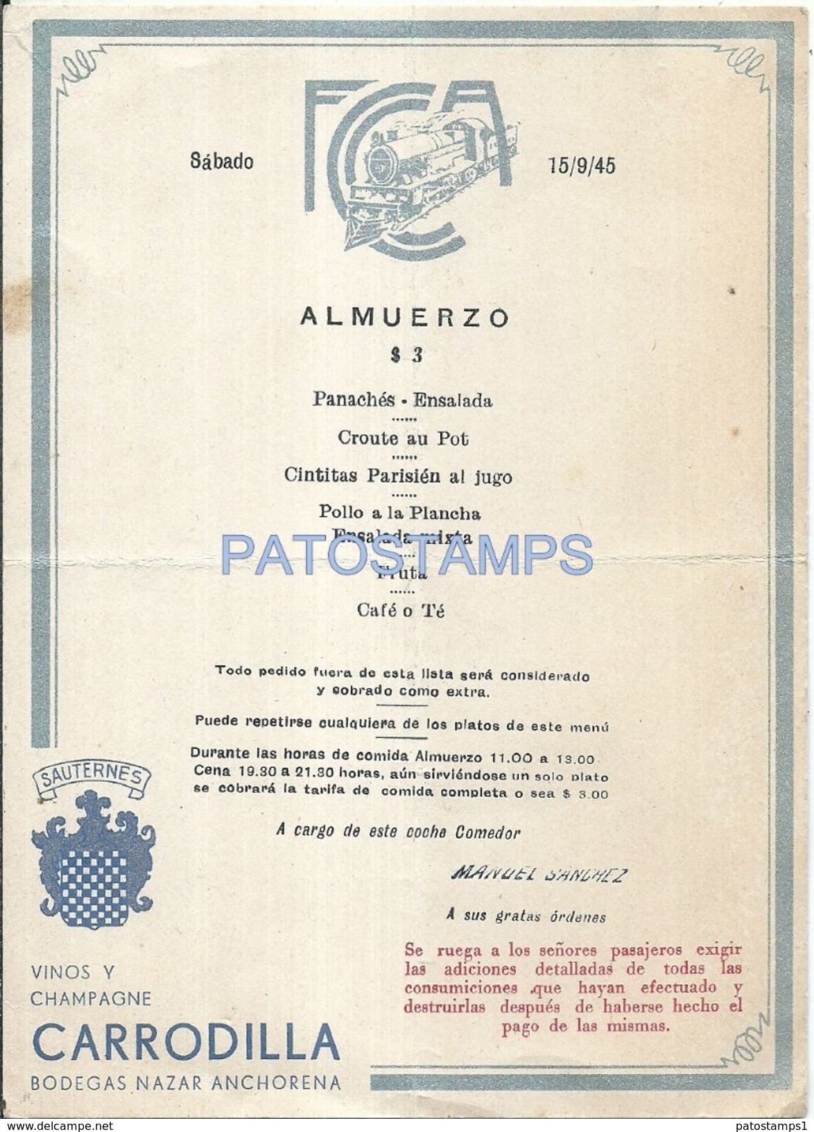 82746 ARGENTINA MENU COCHE COMEDOR TREN TRAIN AÑO 1945 NO POSTAL TYPE POSTCARD - Altri & Non Classificati