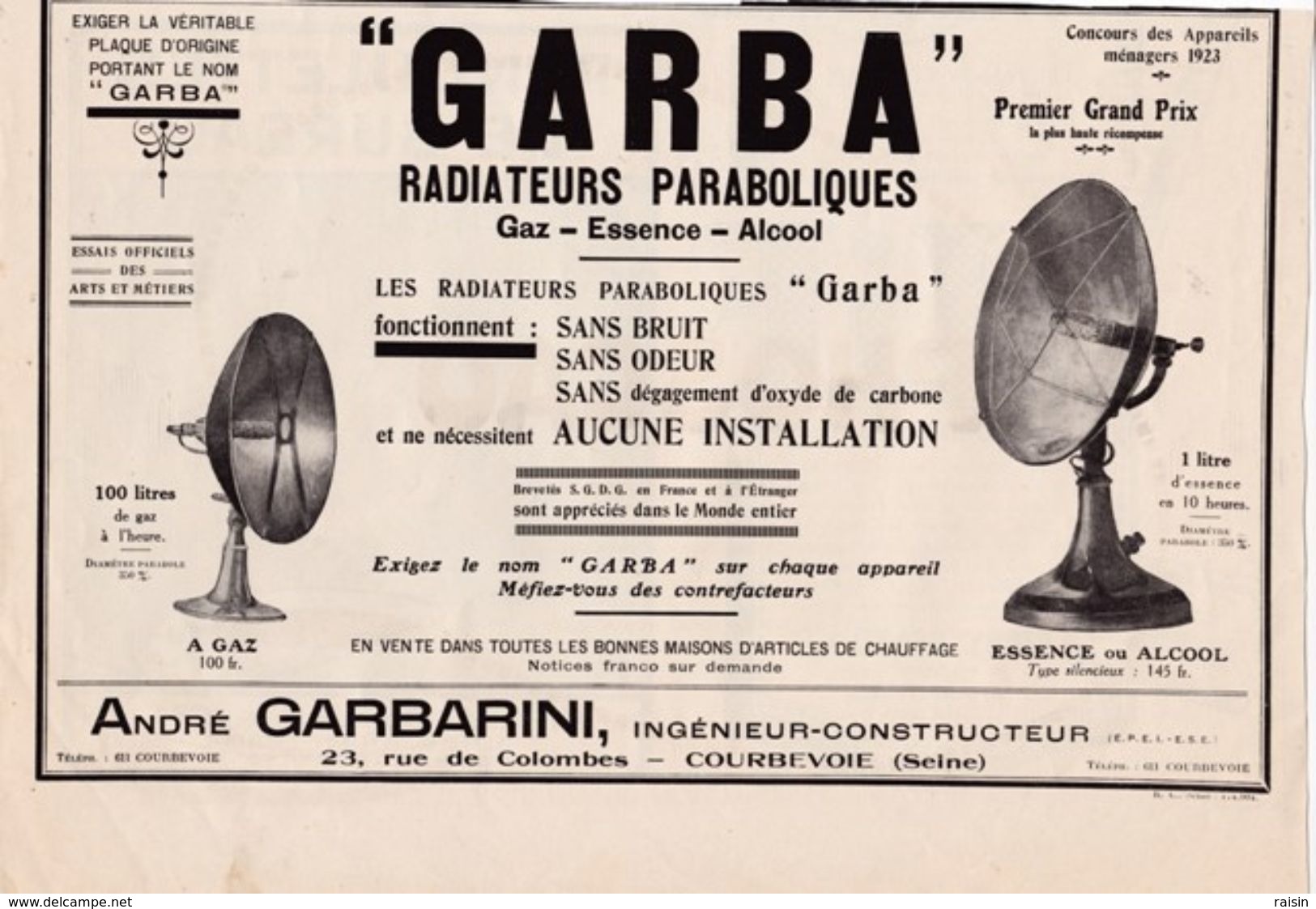 Pub.1923  "GARBA" Radiateurs Paraboliques,gaz,essence,alcool,1er Grand Prix Concours Arts Ménagers1923 Gabarini A. TBE - Pubblicitari