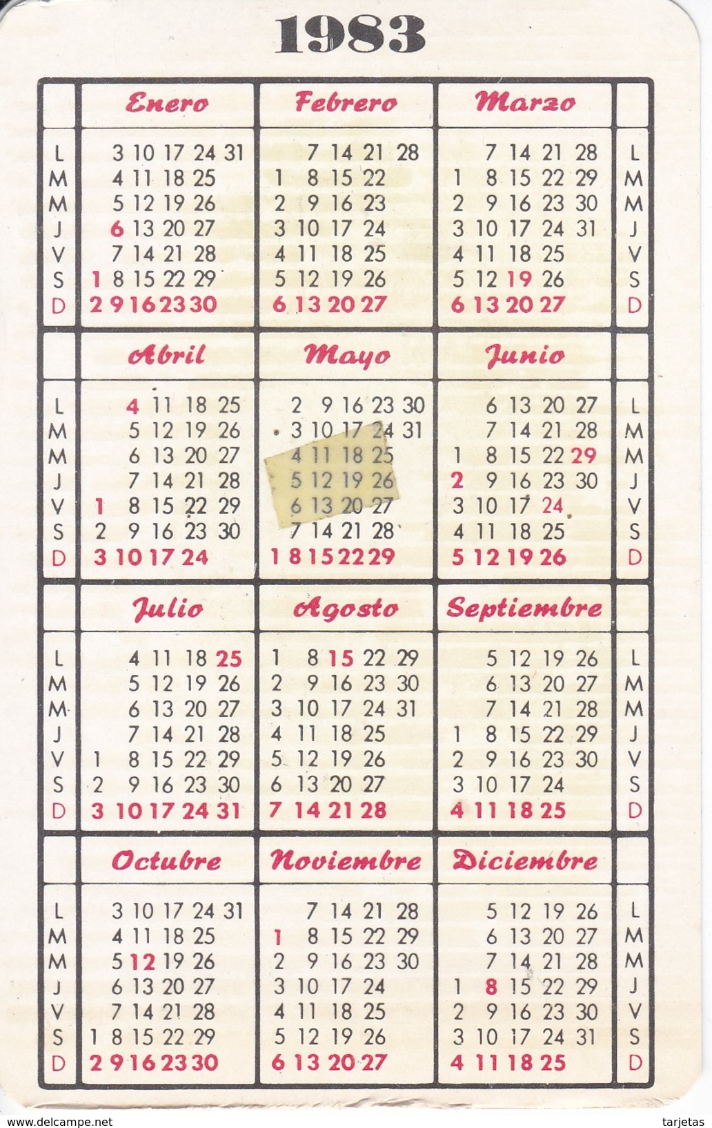 CALENDARIO DEL AÑO 1983 DE CAPITANIA GENERAL 4ª REGION MILITAR (CALENDRIER-CALENDAR) EJERCITO - Tamaño Pequeño : 1981-90