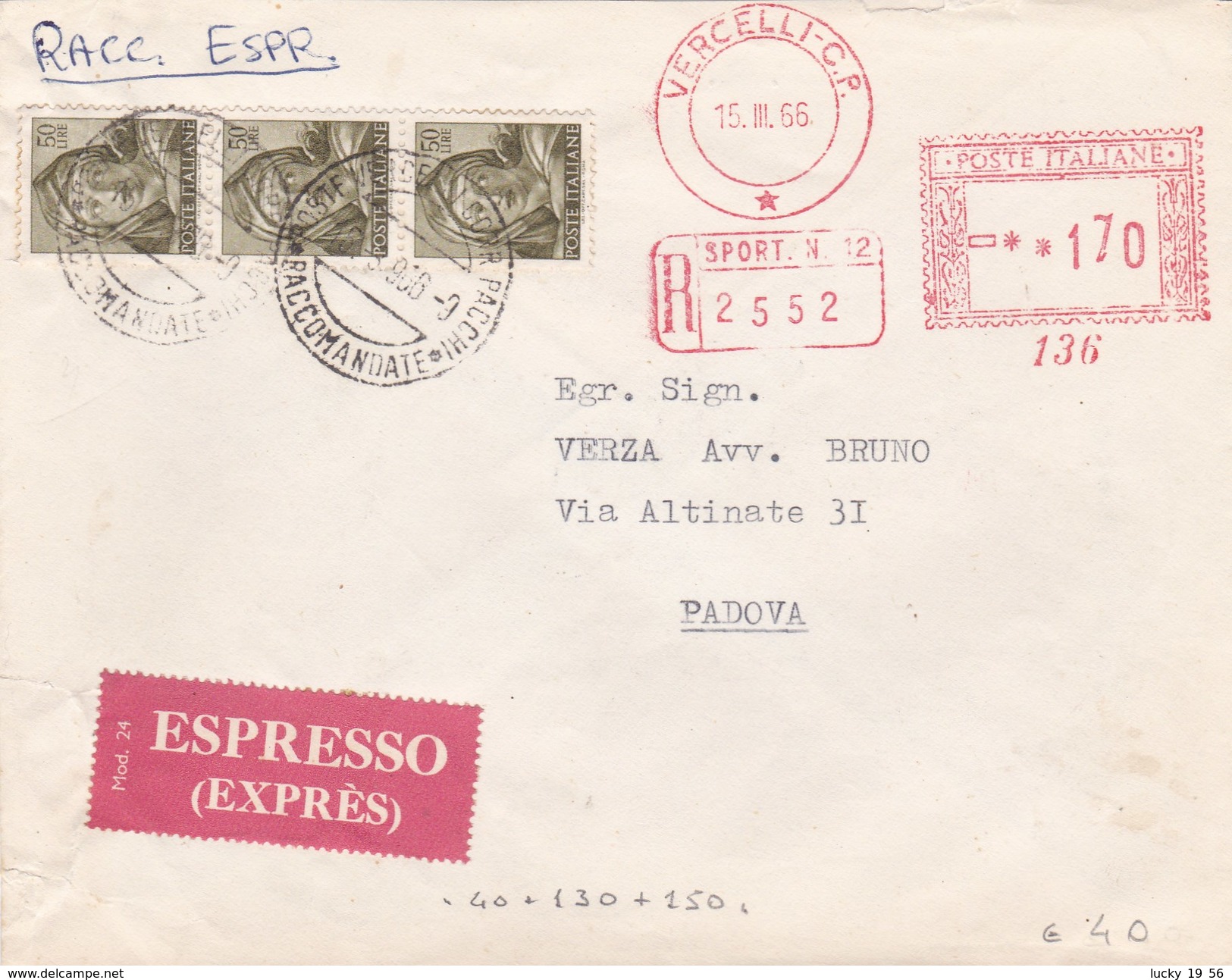 1966 Busta Raccomandata Espresso, Affrancatura "mista" Rossa + Francobolli, Raro Insieme. - Posta Espressa/pneumatica