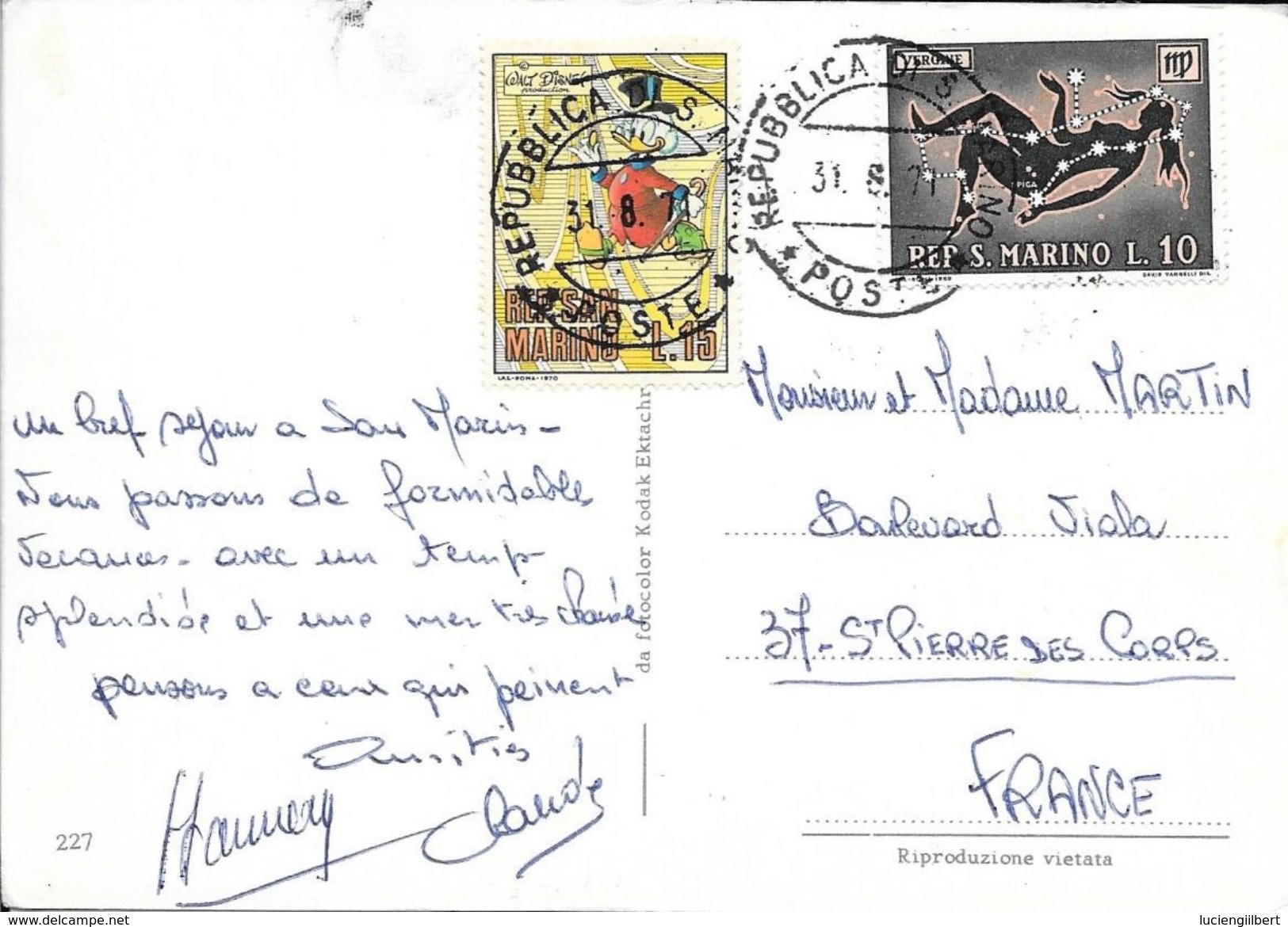 TIMBRES SAINT MARIN SUR CP POUR LA FRANCE  1971 - Lettres & Documents