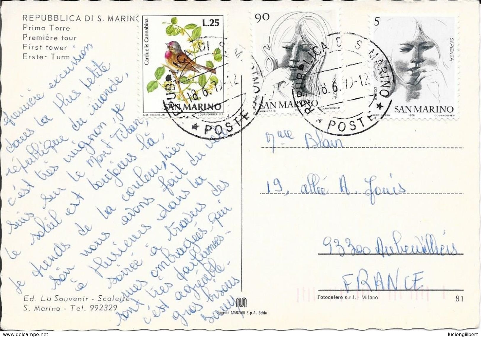 TIMBRES SAINT MARIN SUR CP POUR LA FRANCE  1979 - Lettres & Documents