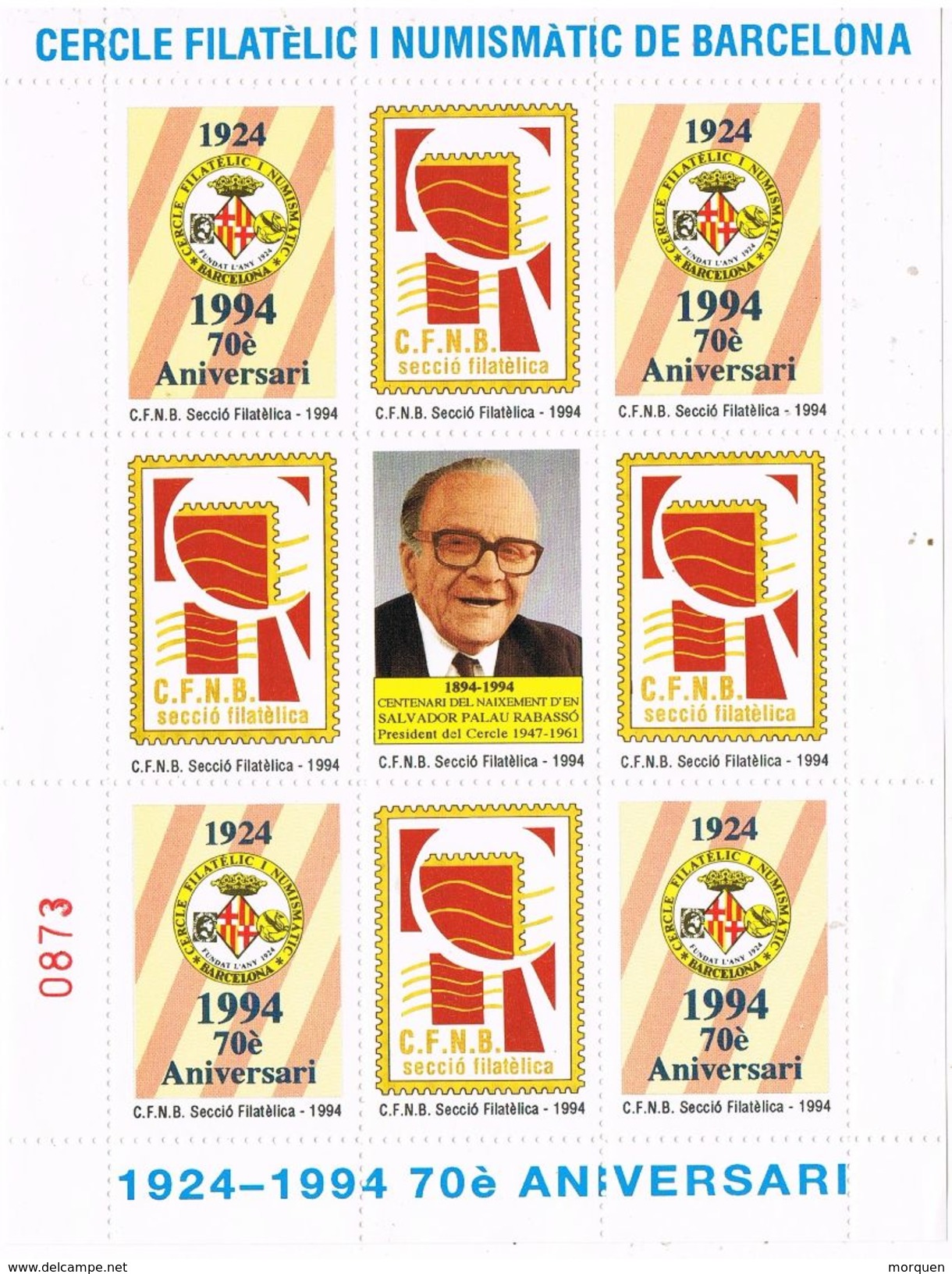 Hojita Viñetas CERCLE FILATELIC BARCELONA, 70 Aniversario 1994 ** - Variétés & Curiosités