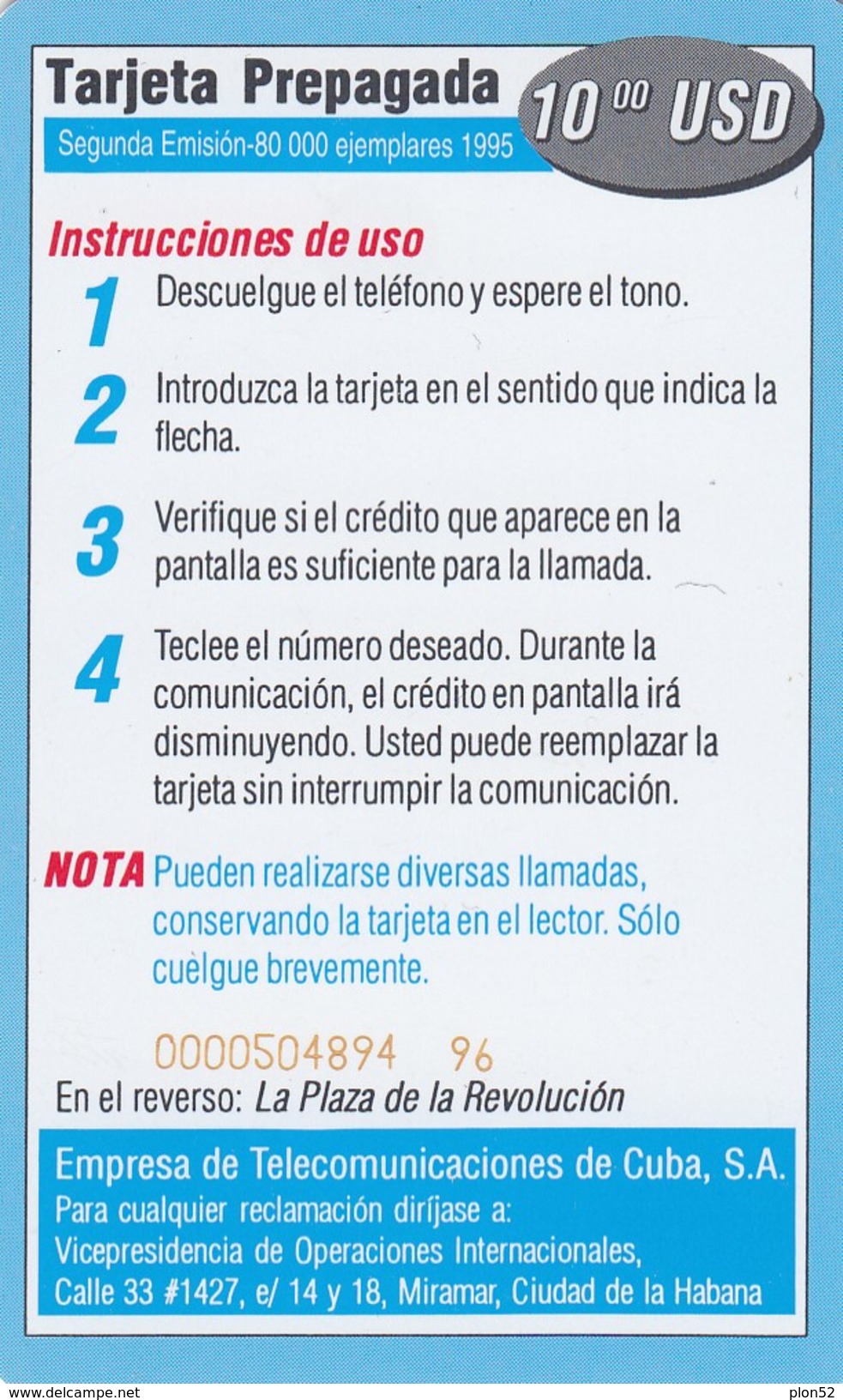 11204-SCHEDA TELEFONICA - CUBA-1995-USATA - Cuba