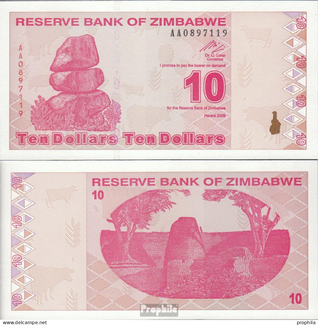 Simbabwe Pick-Nr: 94 Bankfrisch 2009 10 Dollars - Zimbabwe