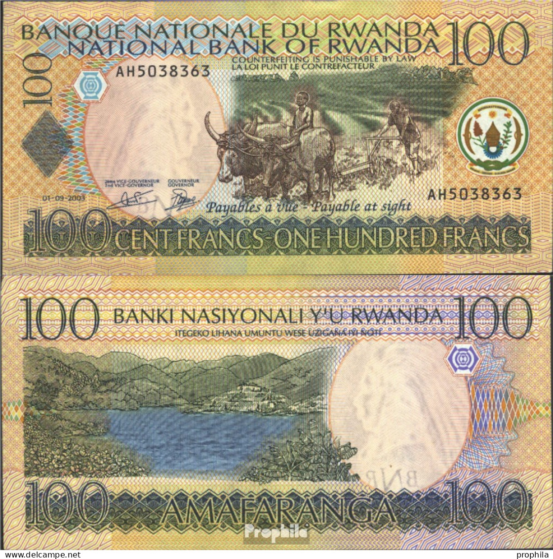 Ruanda Pick-Nr: 29b Bankfrisch 2003 100 Francs Rinder - Rwanda