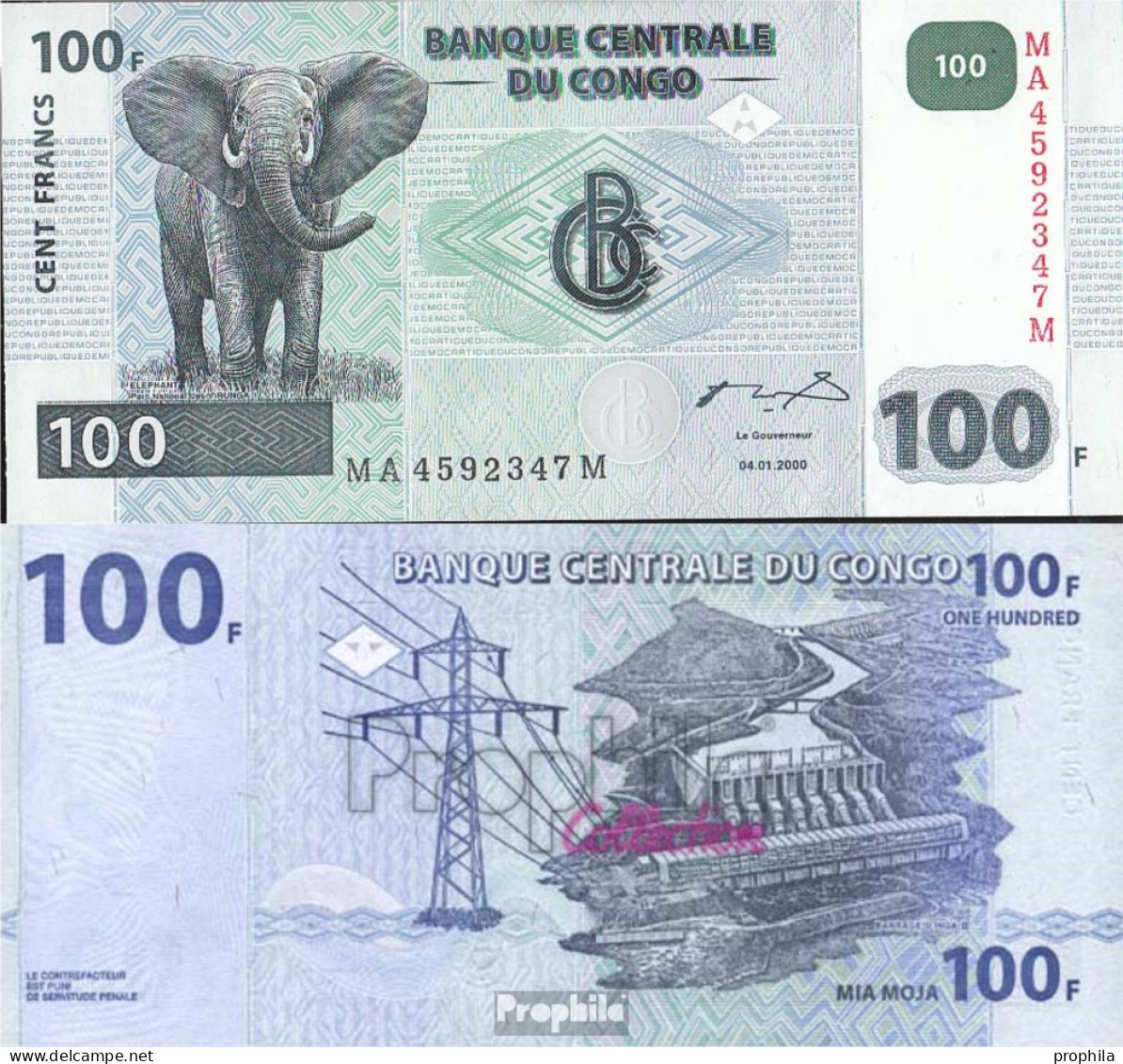 Kongo (Kinshasa) Pick-Nr: 92A Bankfrisch 2000 100 Francs Elefant - Ohne Zuordnung