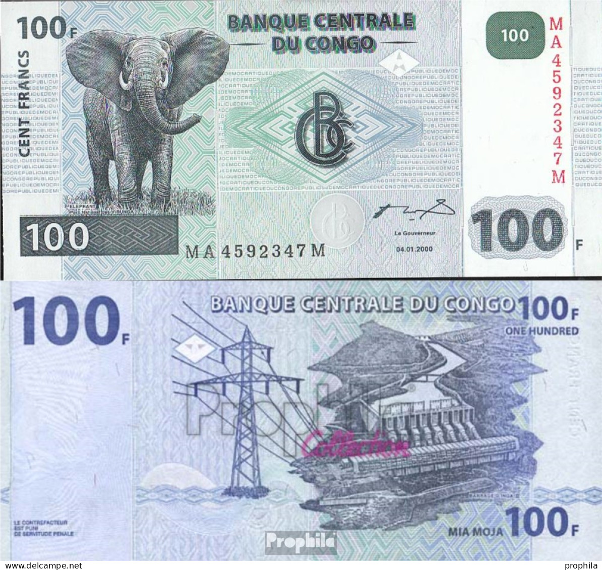 Kongo (Kinshasa) Pick-Nr: 92A Bankfrisch 2000 100 Francs Elefant - Sin Clasificación