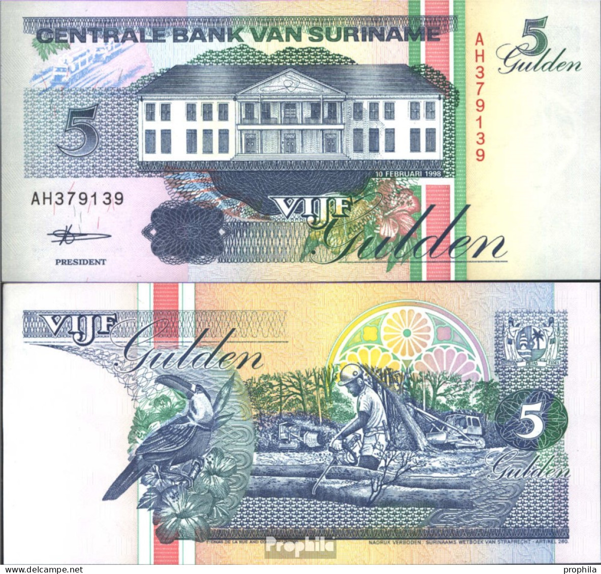 Suriname Pick-Nr: 136b (1998) Bankfrisch 1998 5 Gulden - Surinam