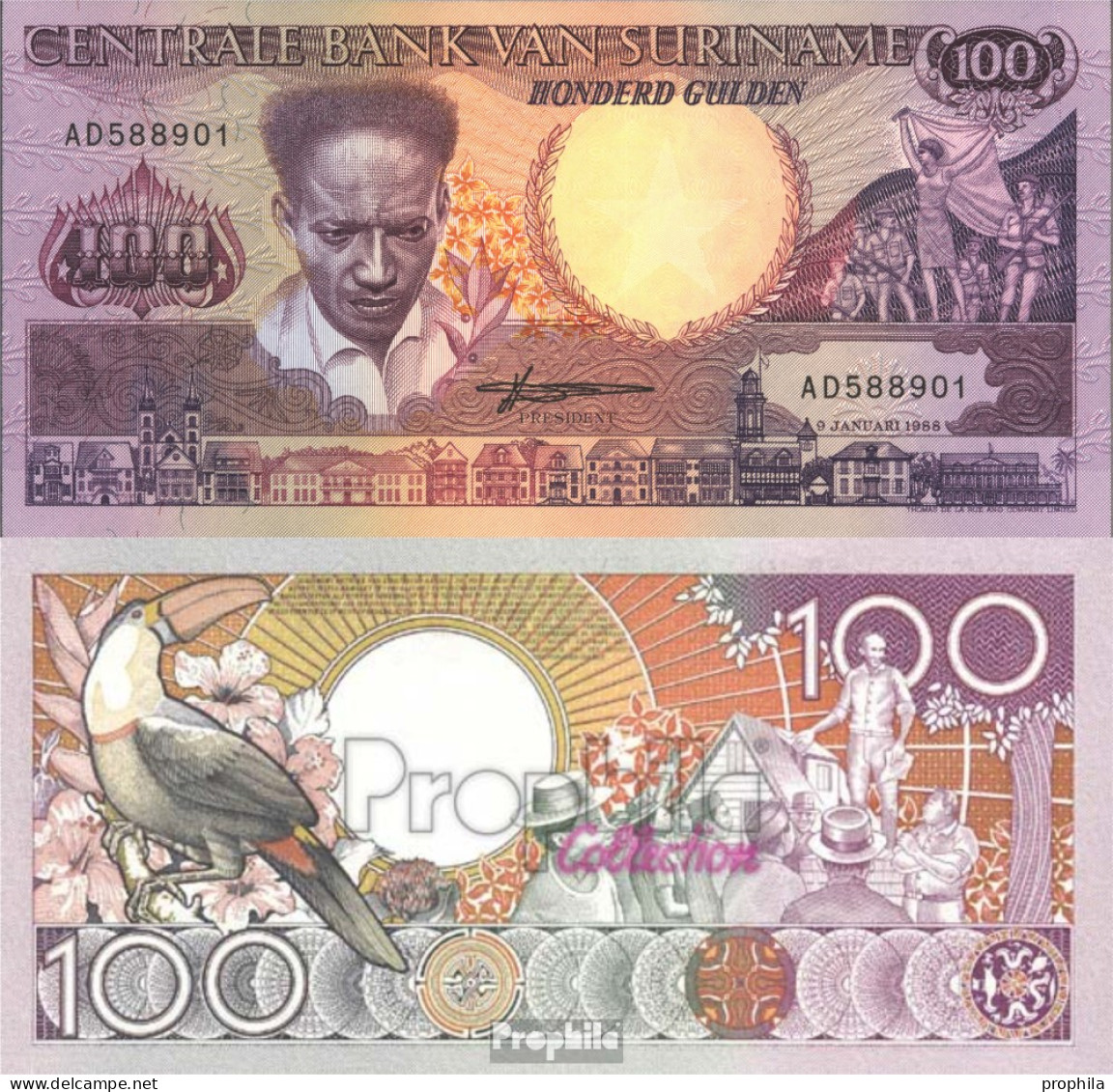 Suriname Pick-Nr: 133b Bankfrisch 1988 100 Gulden - Suriname