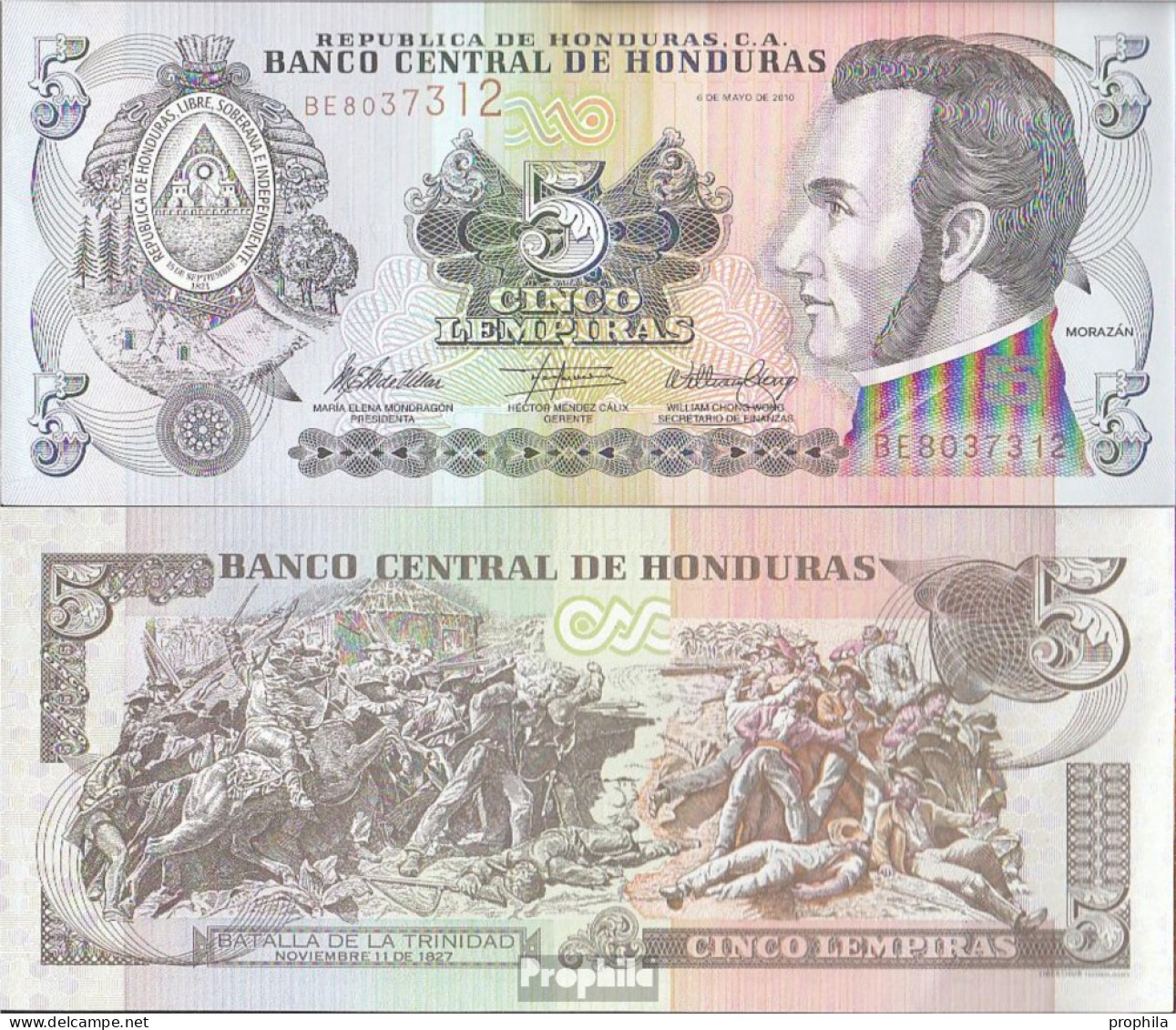 Honduras Pick-Nr: 91c Bankfrisch 2010 5 Lempiras - Honduras